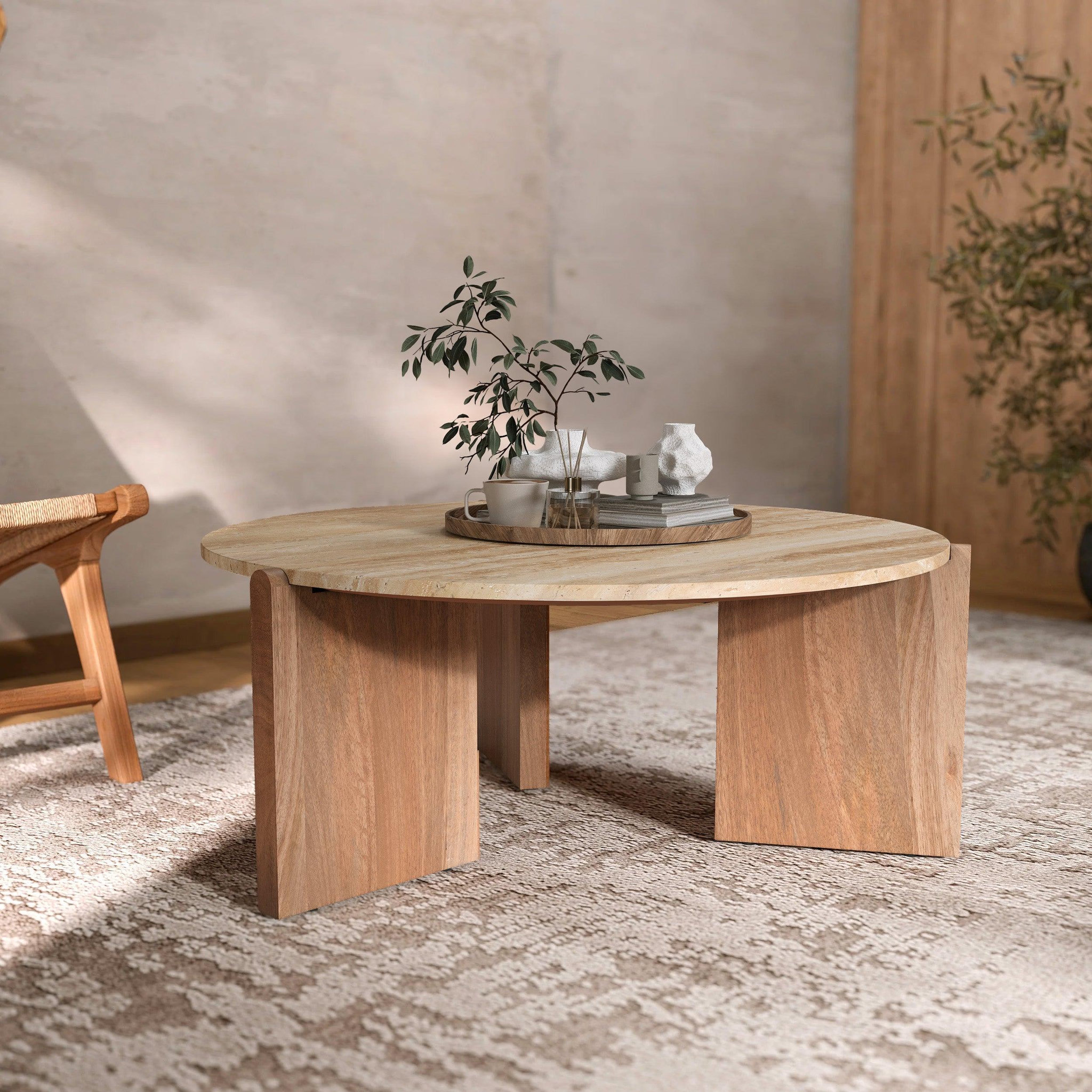 Voir la diapositive 2 : MAISON PAVANE Table basse en travertin et bois d85 cm-sierra