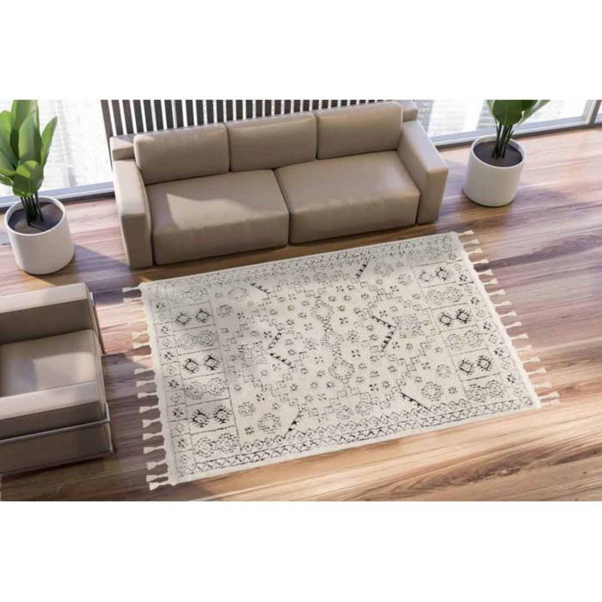 Paris Prix Tapis Tissé Ethnique avec Franges  Lovis  Blanc