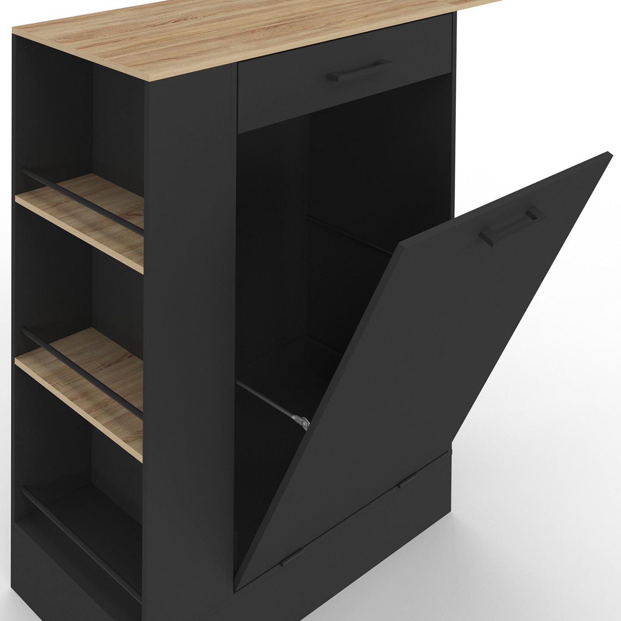 Voir la diapositive 6 : ID MARKET Buffet de cuisine compact 90 cm tibo avec espace poubelle, tablette rabattable, 1 tiroir et 3 étagères latérales bois et noir