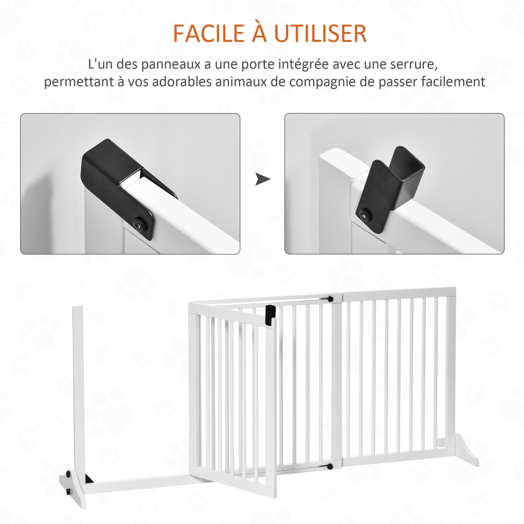 Voir la diapositive 6 : PAWHUT Barrière de sécurité chien barrière autoportante longueur réglable porte verrouillable intégrée dim. 113-166l x 36l x 71h cm sapin blanc