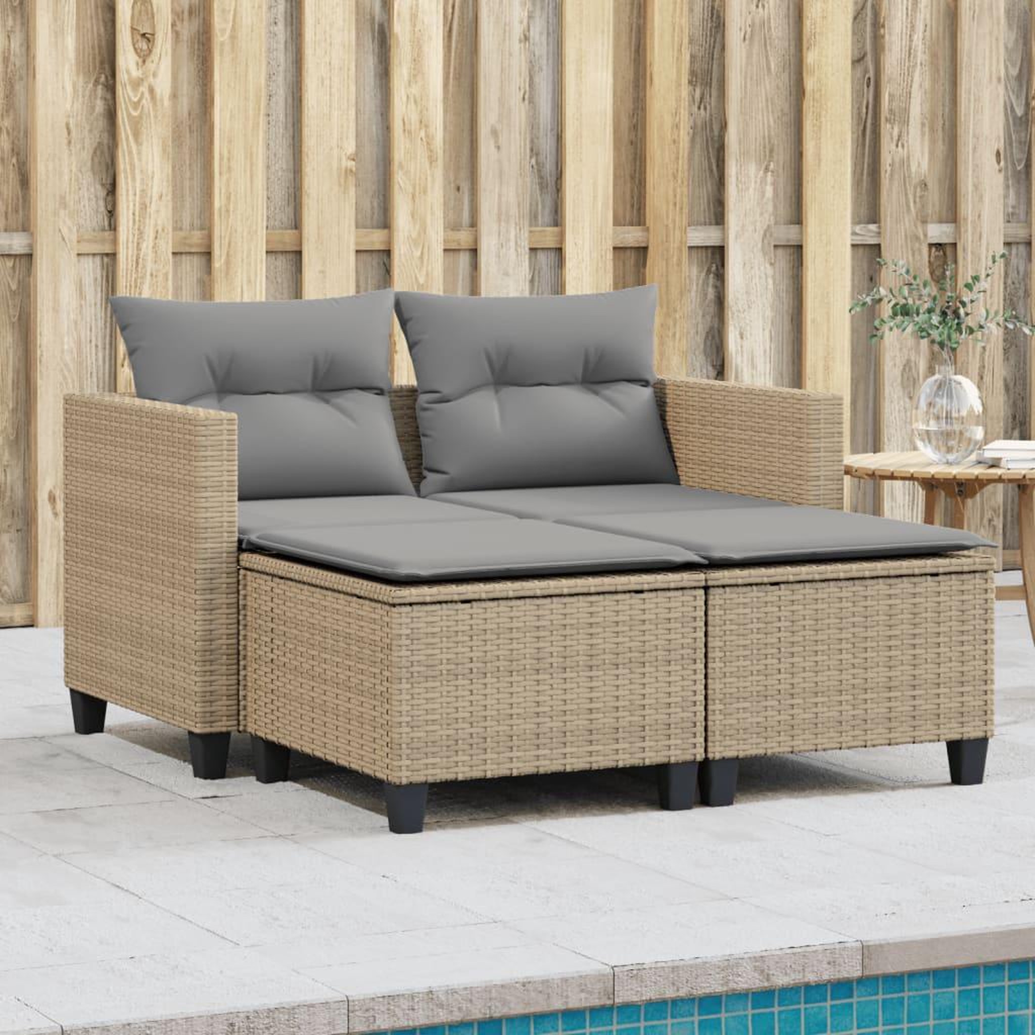 VIDAXL Canape de jardin 2 places avec tabourets beige resine tressee