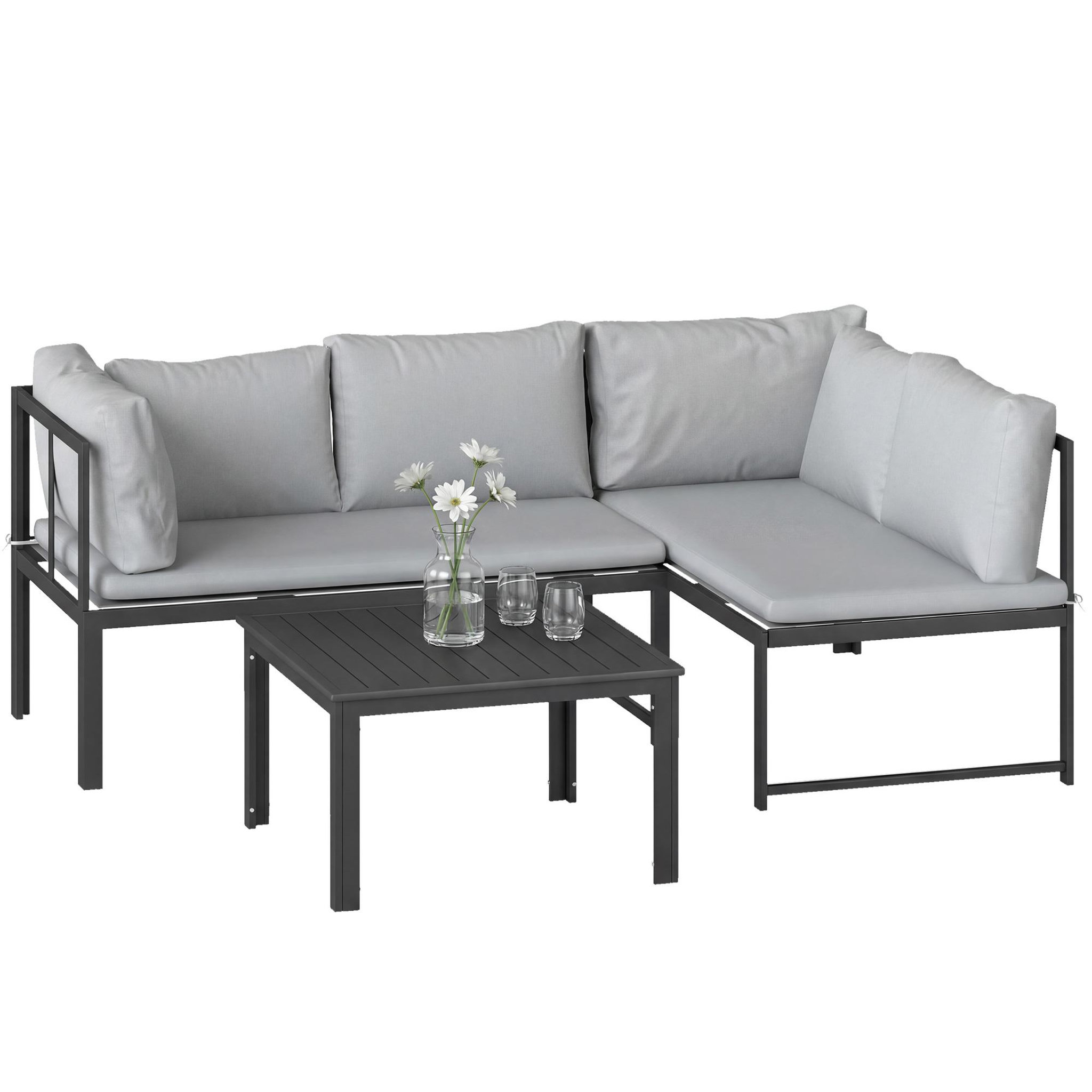 Voir la diapositive 5 : OUTSUNNY Salon de jardin d'angle design 3 places 3 pièces avec coussins gris