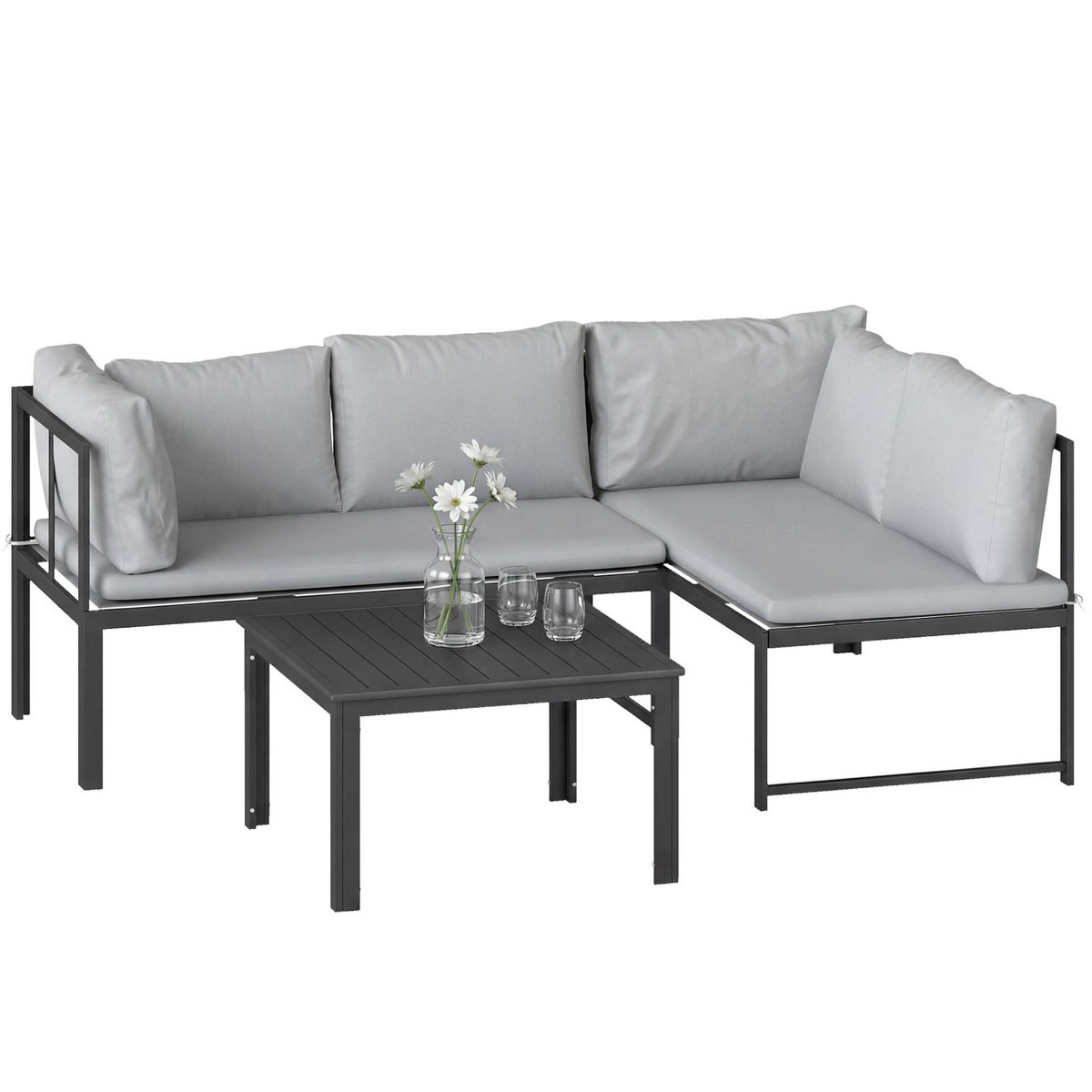 OUTSUNNY Salon de jardin d'angle design 3 places 3 pièces avec coussins gris