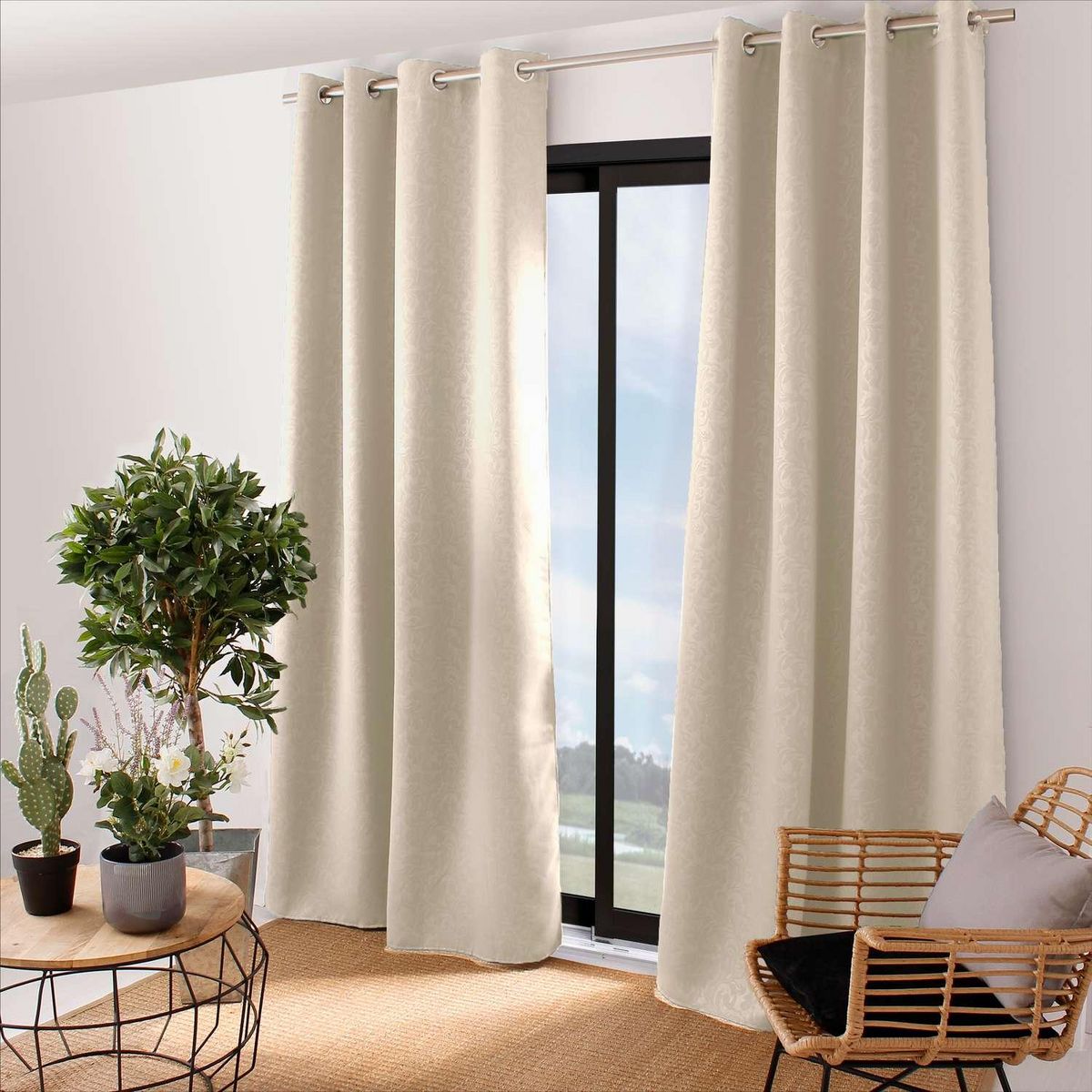 TOILINUX Rideau occultant frappé arabesque - 140 x 240 cm - Ivoire