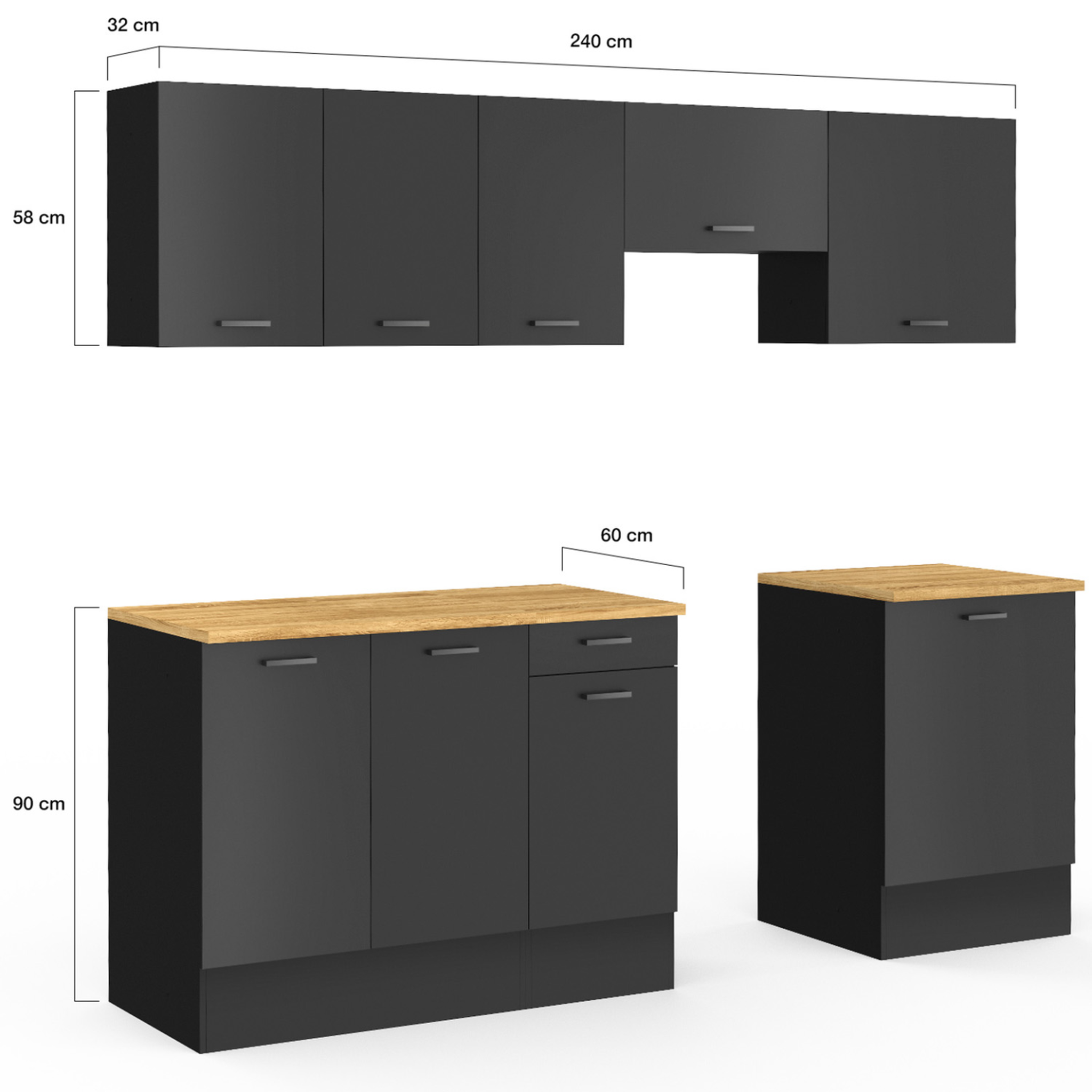 Voir la diapositive 5 : ID MARKET Cuisine complète 240 cm subtil avec plan de travail 7 éléments noir et plateaux bois