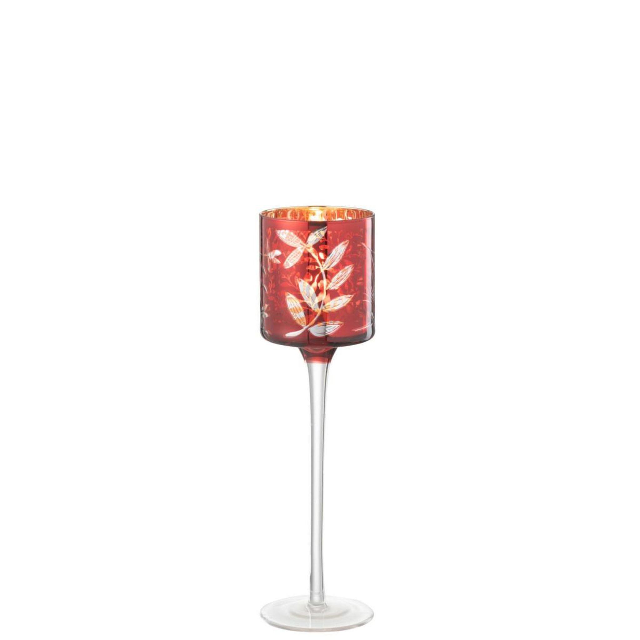 Voir la diapositive 2 : J-LINE Photophore sur Pied en Verre  Feuilles  25cm Rouge