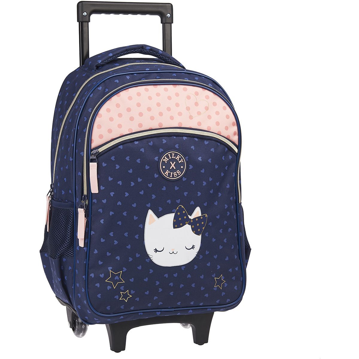 Milky Kiss Sac à dos à roulettes bleu et rose paillettes coeurs imprimé CHAT