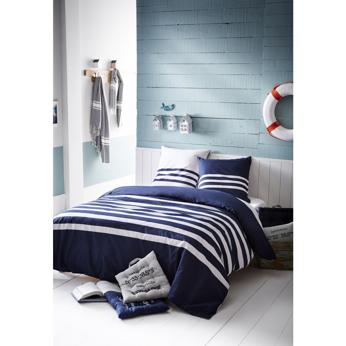 Parure housse de couette coton 57 fils rayures thème marin 
