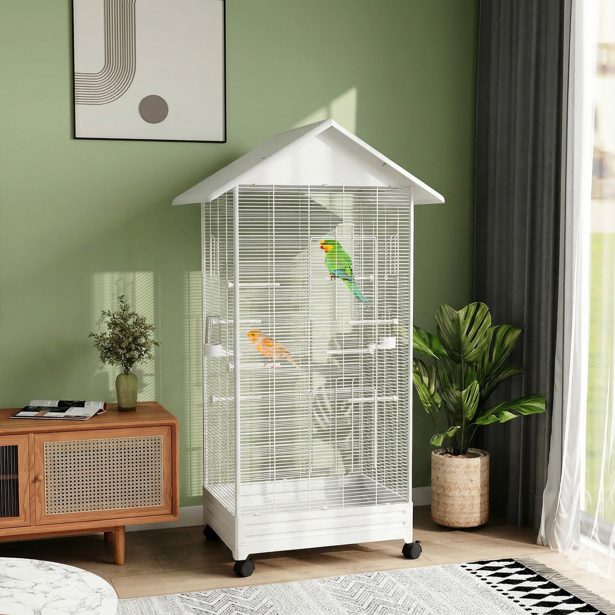Voir la diapositive 6 : PAWHUT Cage à oiseaux sur roulettes tiroir amovible acier blanc