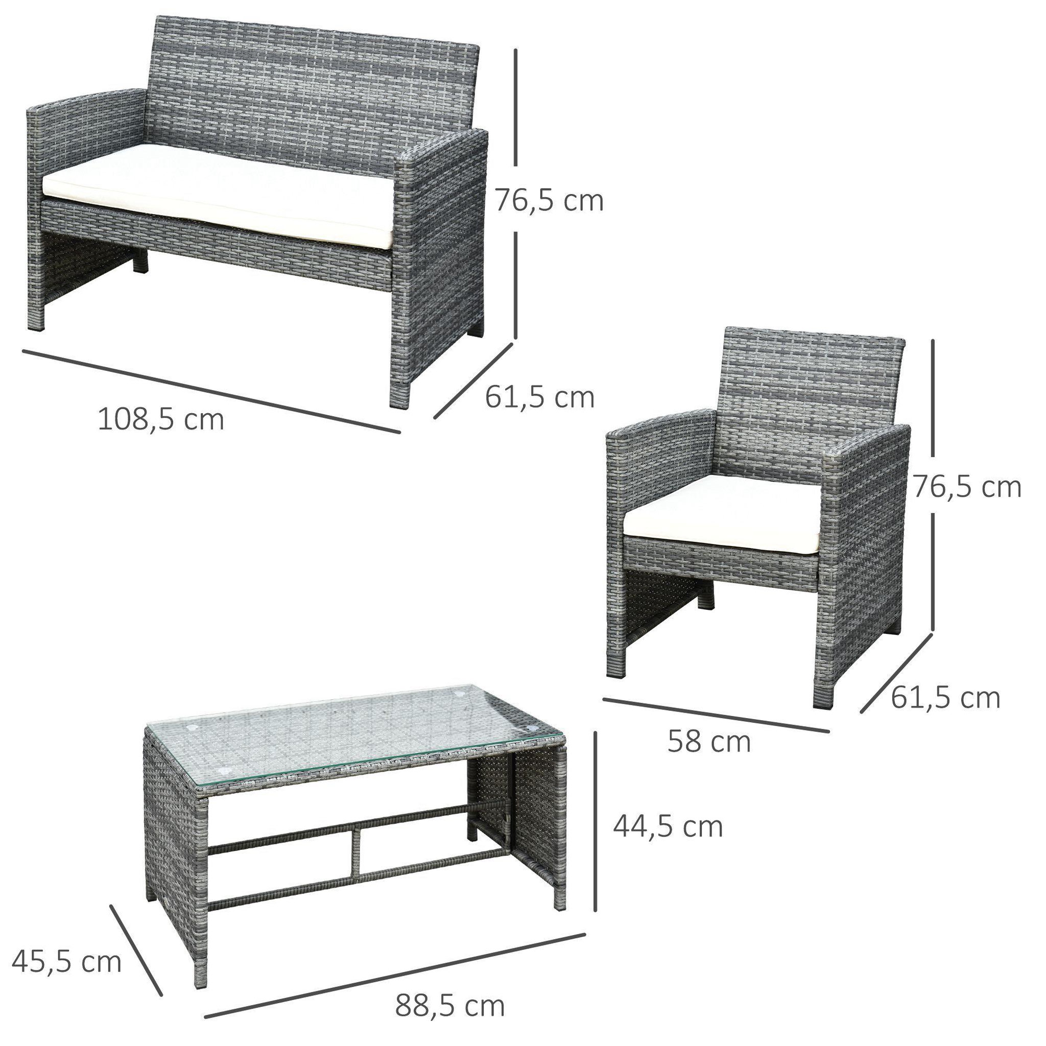 Voir la diapositive 3 : OUTSUNNY Outsunny Ensemble salon de jardin 4 places : canapé, 2 fauteuils et table basse plateau verre trempé résine tressée imitation rotin gris coussins crème