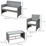 Voir la diapositive 3 : OUTSUNNY Outsunny Ensemble salon de jardin 4 places : canapé, 2 fauteuils et table basse plateau verre trempé résine tressée imitation rotin gris coussins crème