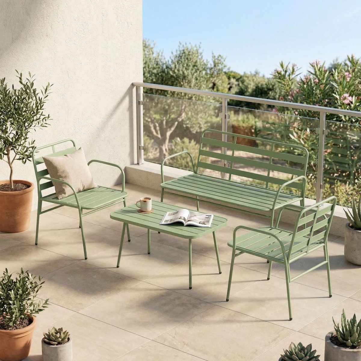 OUTSUNNY Salon de jardin style néo-rétro métal 4 places 4 pièces vert
