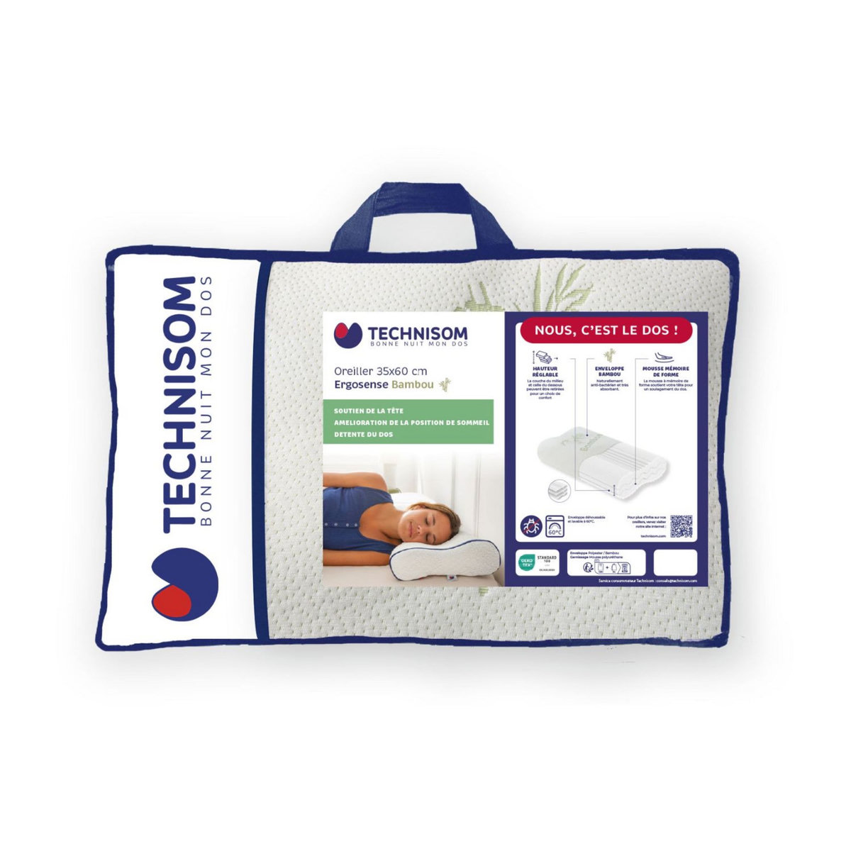 TECHNISOM Oreiller ergonomique réglable confort ferme ERGOSENSE BAMBOU