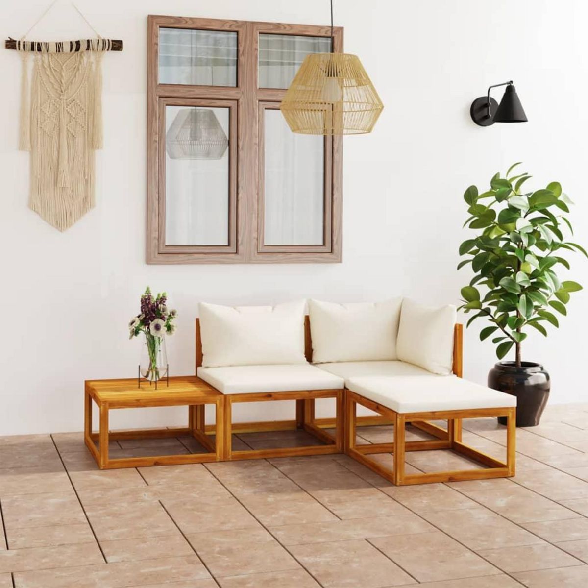 VIDAXL Salon de jardin 4 pcs avec coussin Creme Bois d'acacia solide