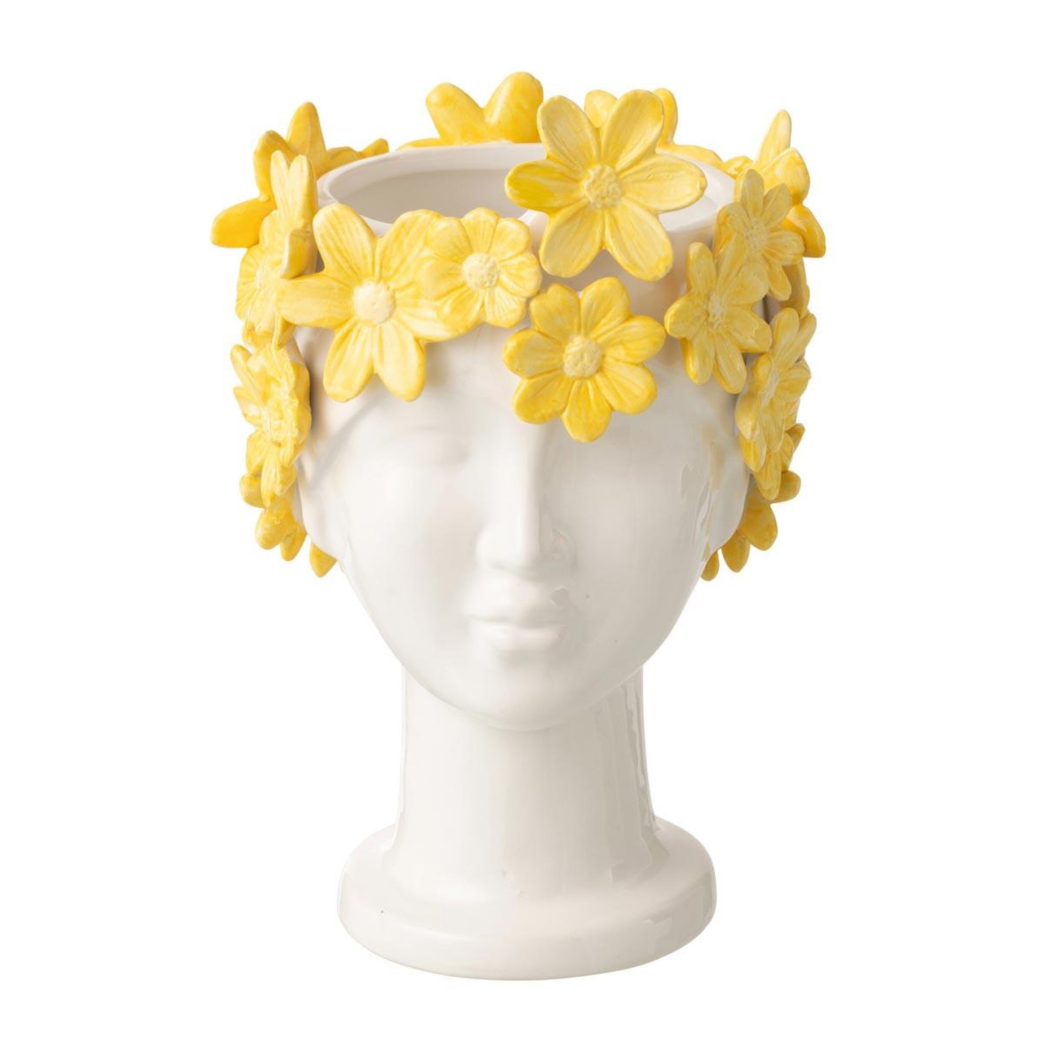 J-LINE Cache-pot visage fleuri  dame  24cm blanc & jaune