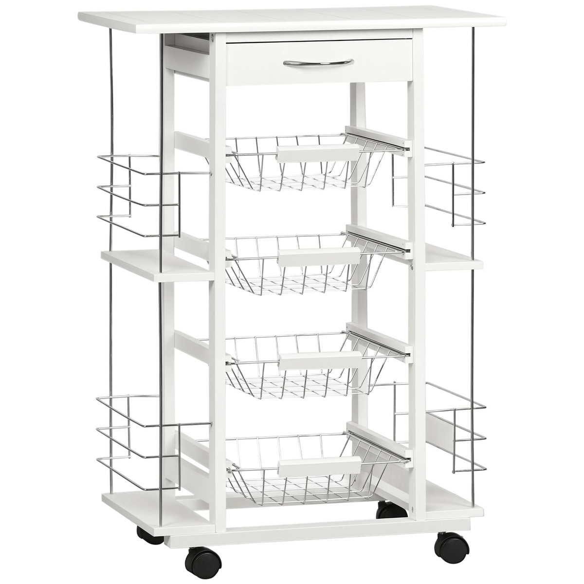 HOMCOM Chariot de service desserte de cuisine à roulettes multi-rangements 4 paniers métal tiroir + 4 range-bouteilles bois pin plateau carrelé