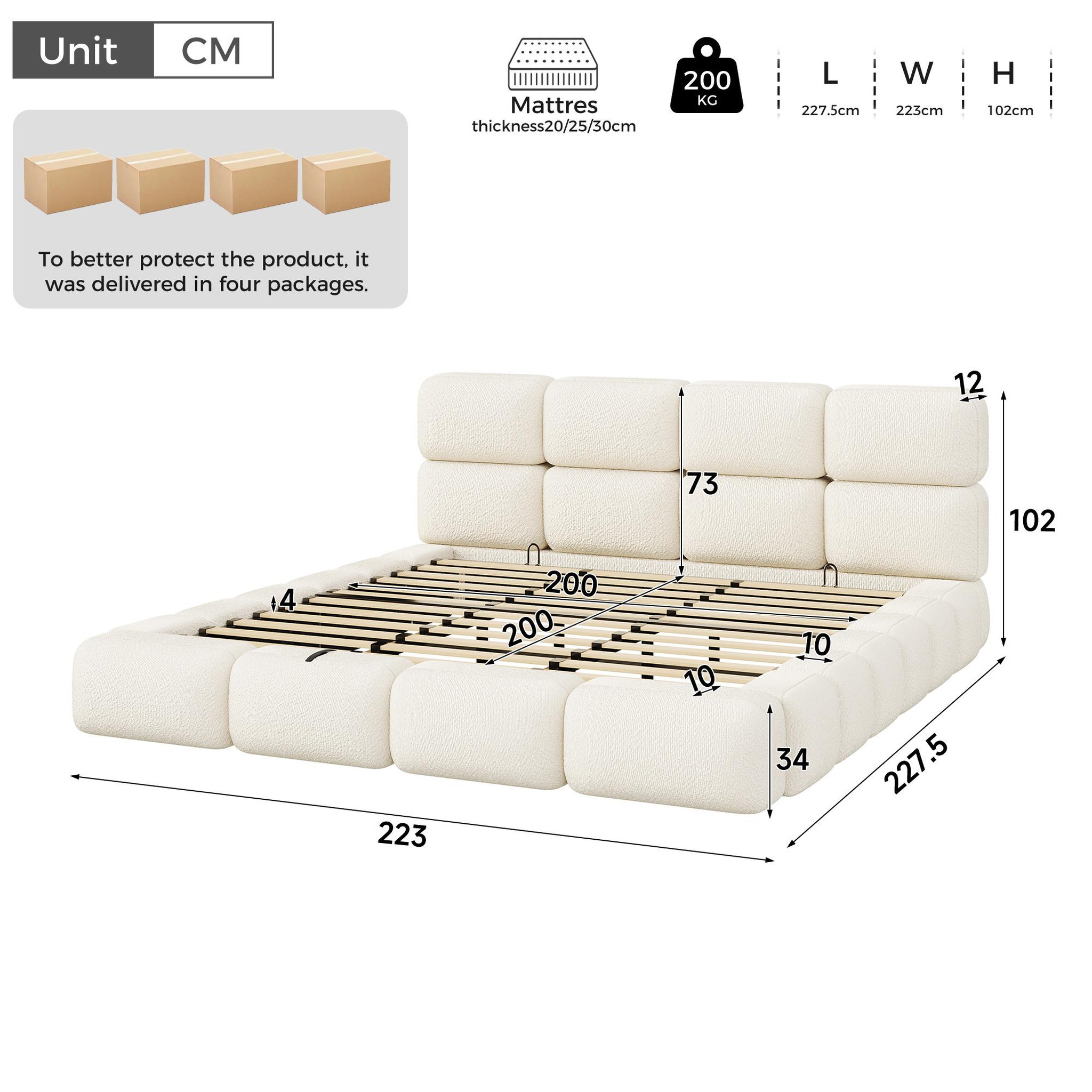 Voir la diapositive 3 : MERAX Lit coffre 200x200 cm double avec sommier tête de lit capitonnée bouclé blanc