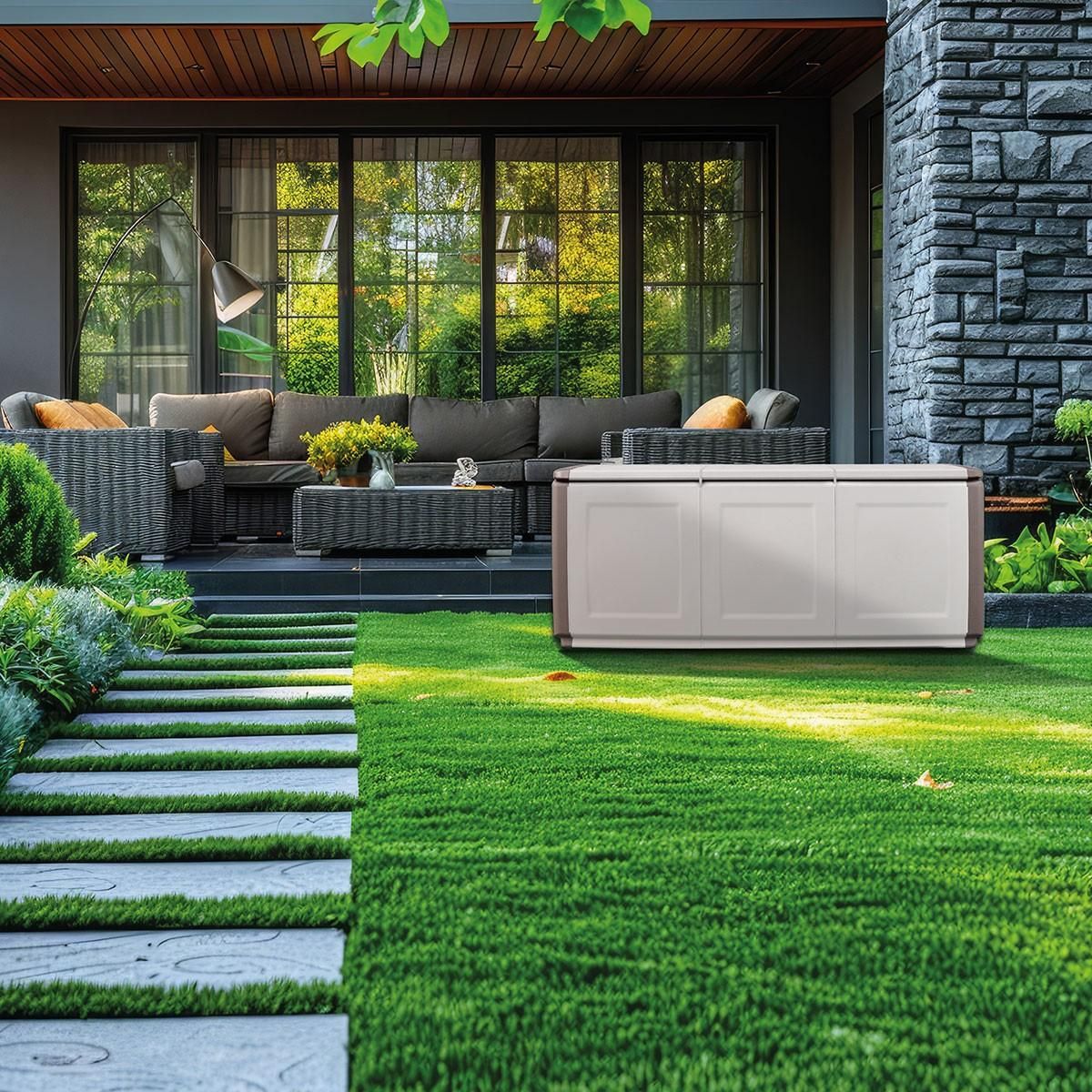 INTEC Coffre de rangement 330L Beige/Taupe 138 x 53 x H57cm Poignées de transport polypropylène INTEC