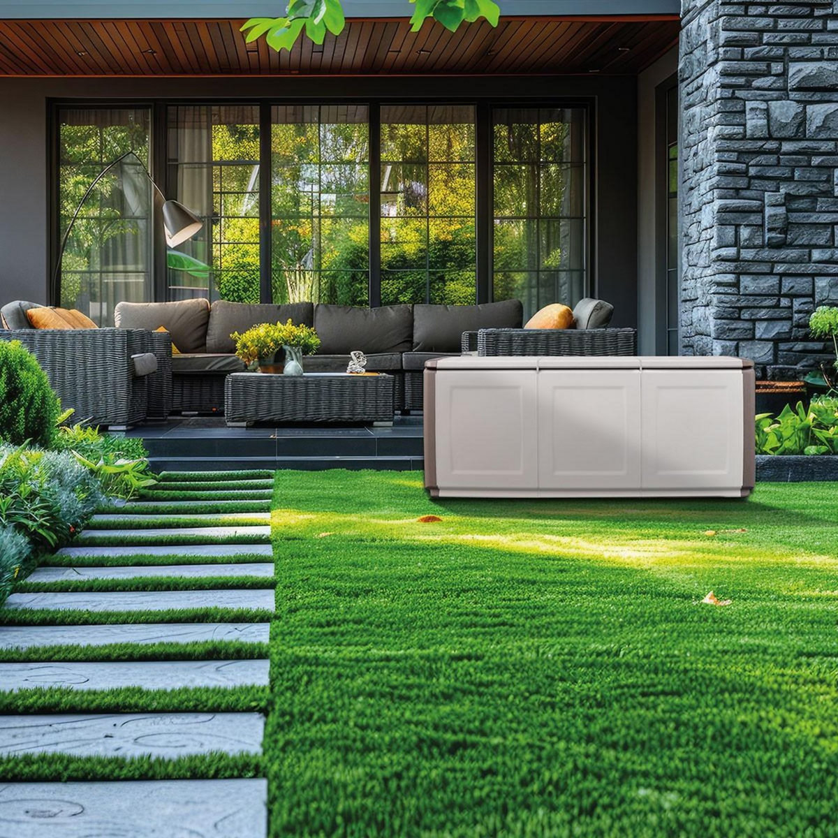 INTEC Coffre de rangement 330L Beige/Taupe 138 x 53 x H57cm Poignées de transport polypropylène INTEC