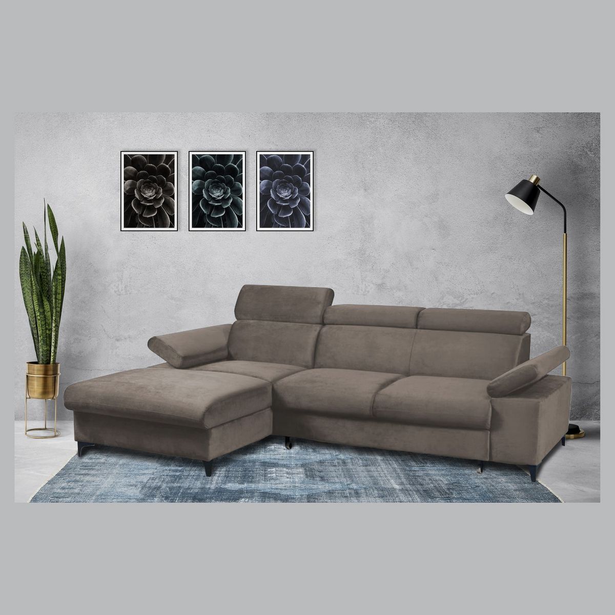 Canapé d'angle gauche fixe convertible 5 places avec coffre de rangement AURELIE