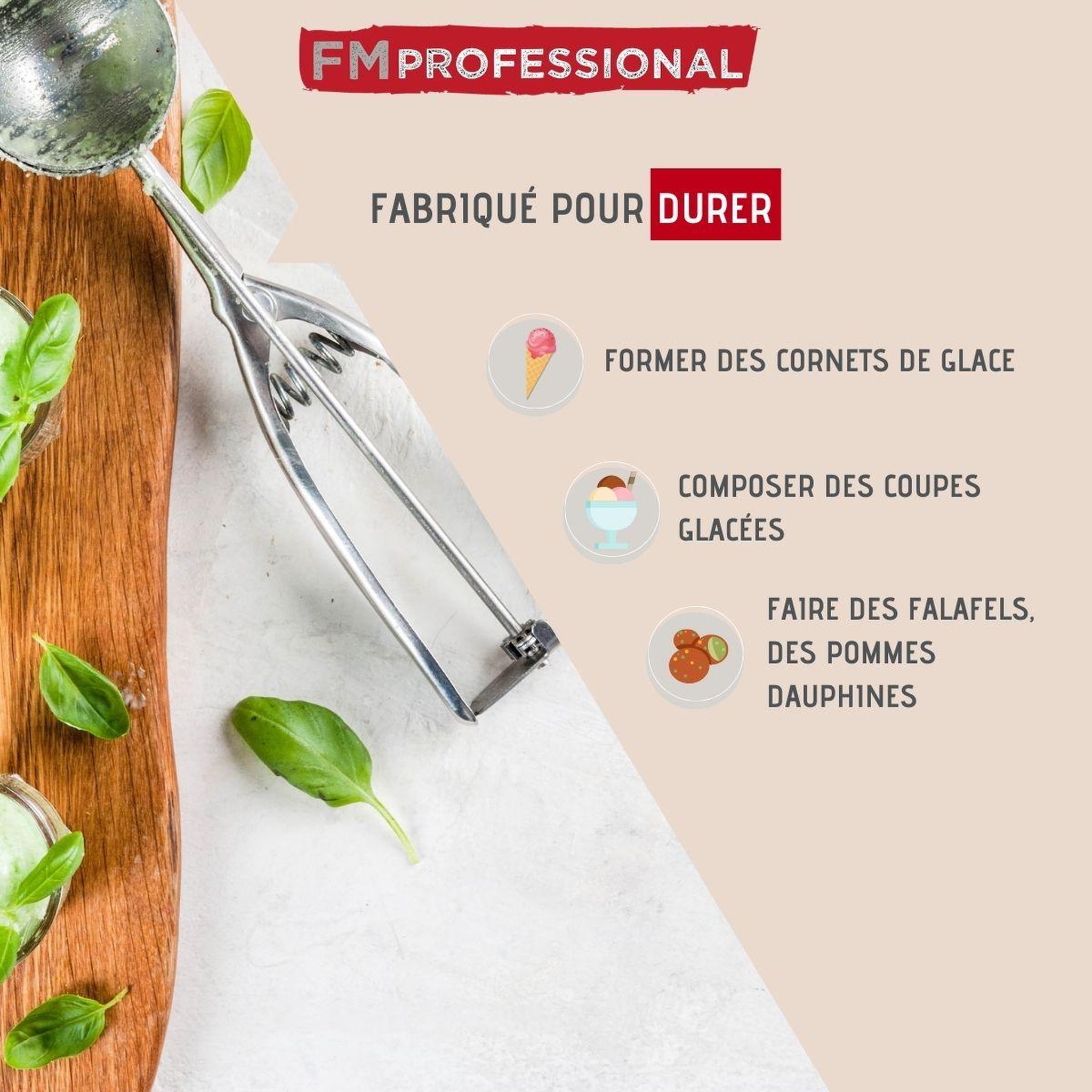 Voir la diapositive 2 : FM PROFESSIONAL Set de 2 ustensiles de cuisine cuillère à glace inox fm professional divers