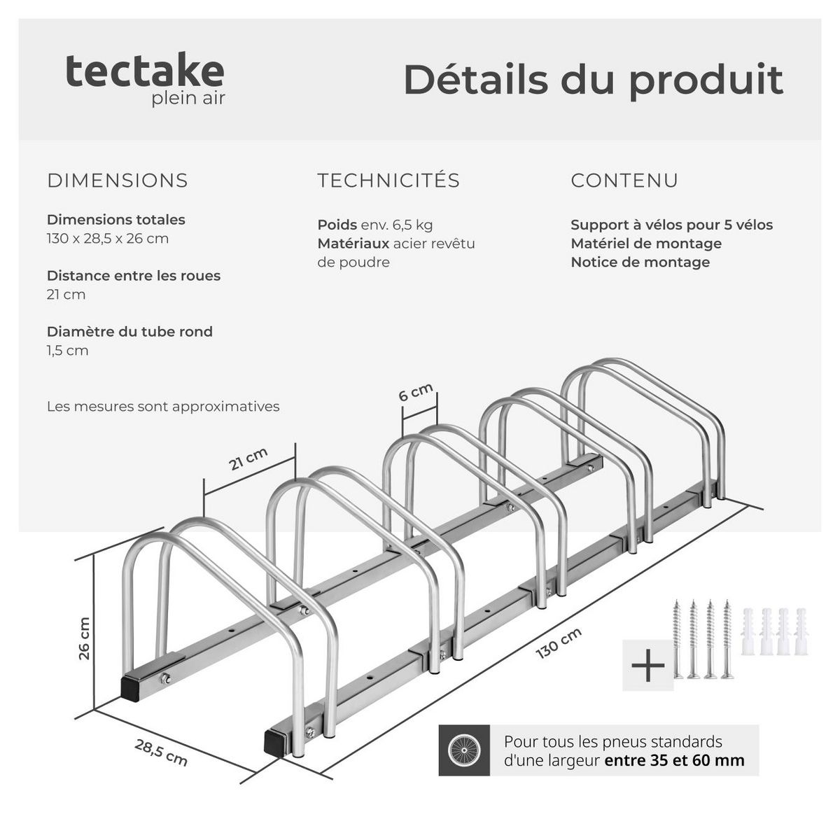 tectake Support à bicyclette en acier inoxydable argent