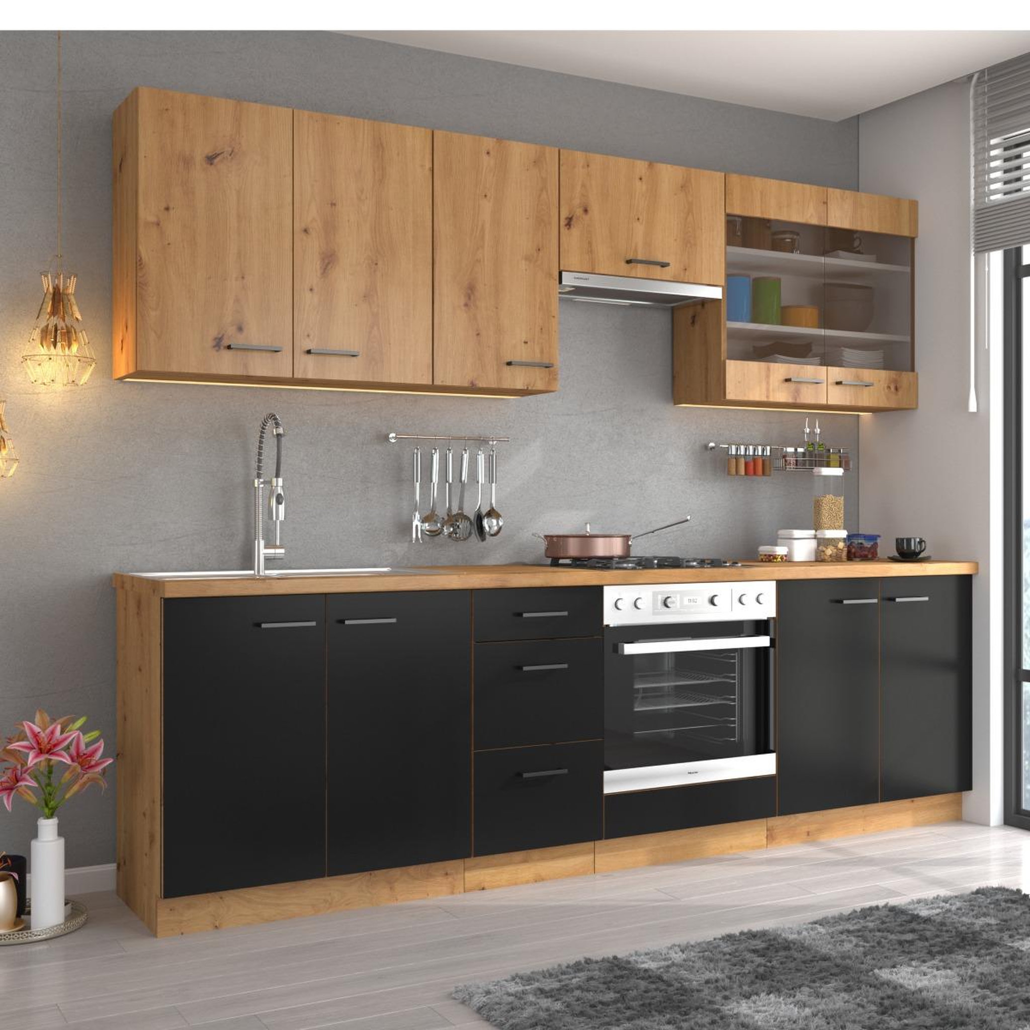 Voir la diapositive 2 : JLC KREATION Cuisine complète moderne noir et bois 260cm odessa