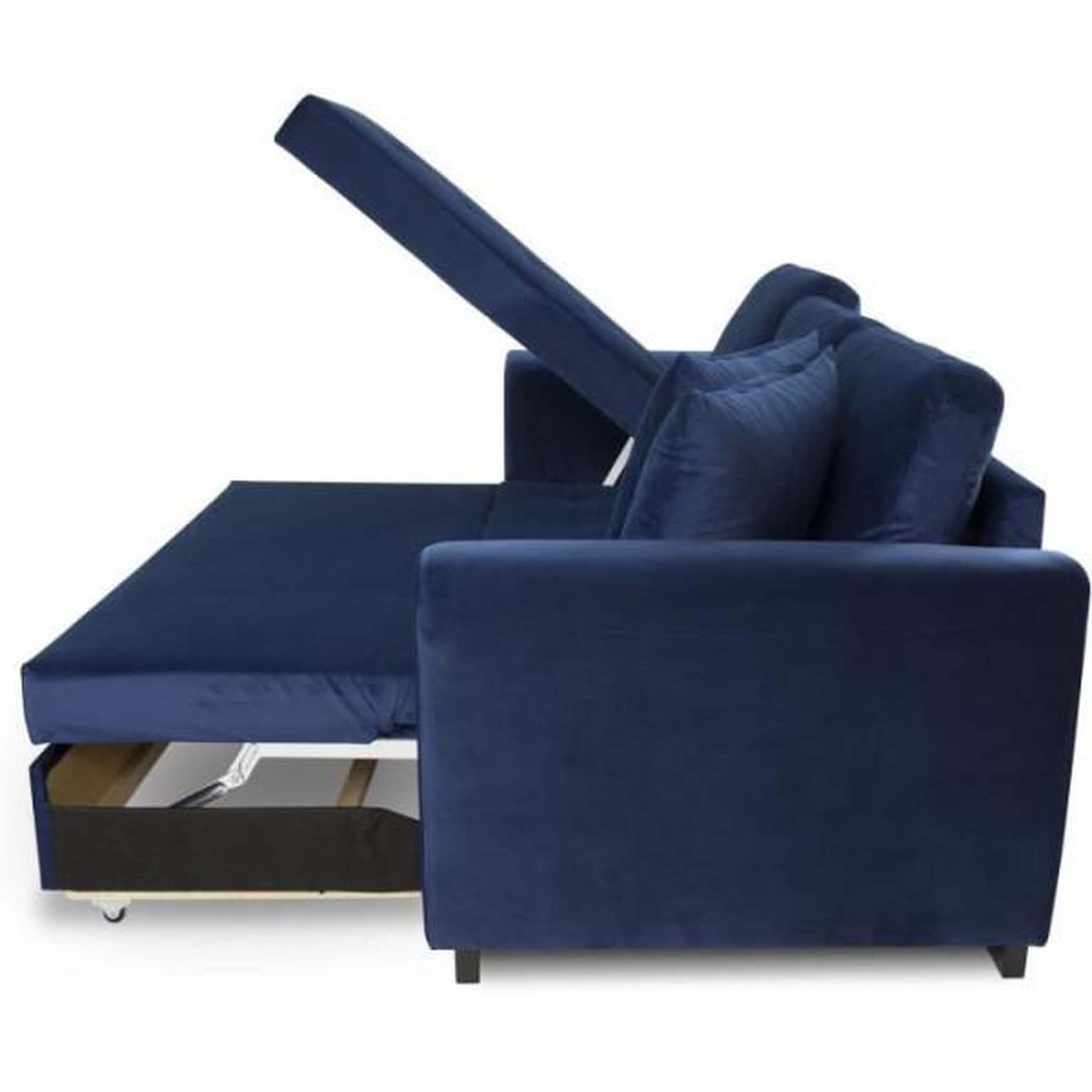 Voir la diapositive 4 : MARKET24 Canapé d'angle convertible HAMILTON 4 places - Tissu velours bleu - L 245 x P 140 x H 86 - Coffre de rangement
