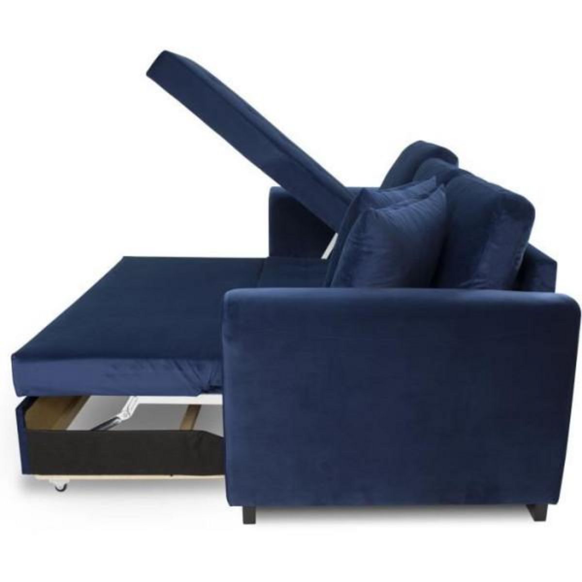 MARKET24 Canapé d'angle convertible HAMILTON 4 places - Tissu velours bleu - L 245 x P 140 x H 86 - Coffre de rangement