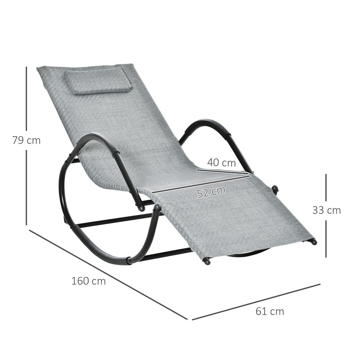 OUTSUNNY Chaise longue à bascule rocking chair design contemporain dim. 160L x 61l x 79H cm métal textilène gris