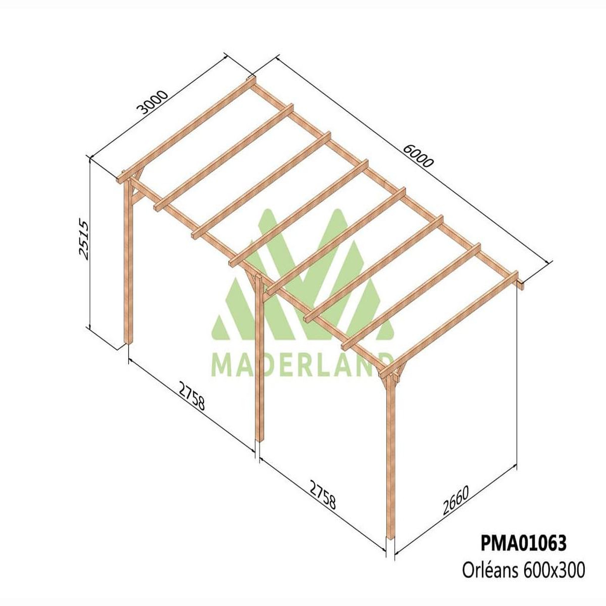 Voir la diapositive 2 : JARDIDECO Pergola adossée en bois massif orléans 600 x 300 cm - maderland