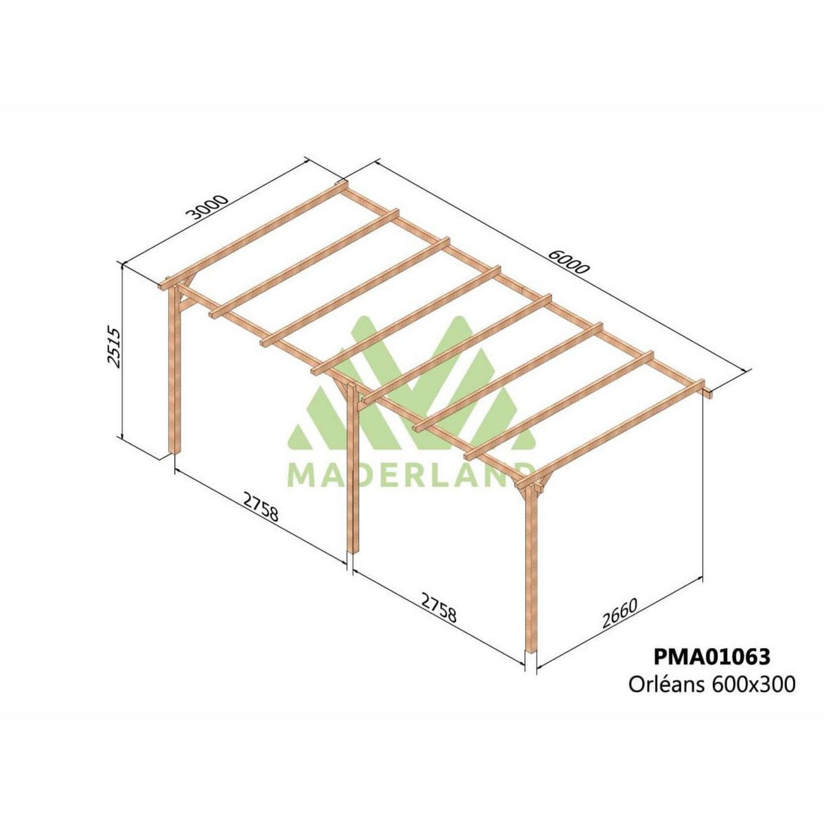 JARDIDECO Pergola adossée en bois massif Orléans 600 x 300 cm - Maderland