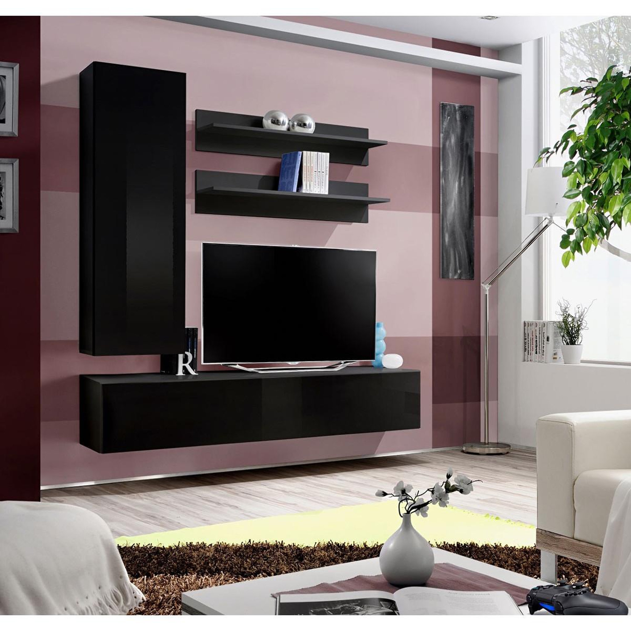 Voir la diapositive 4 : Paris Prix Ensemble meuble tv mural  fly h1  170cm noir