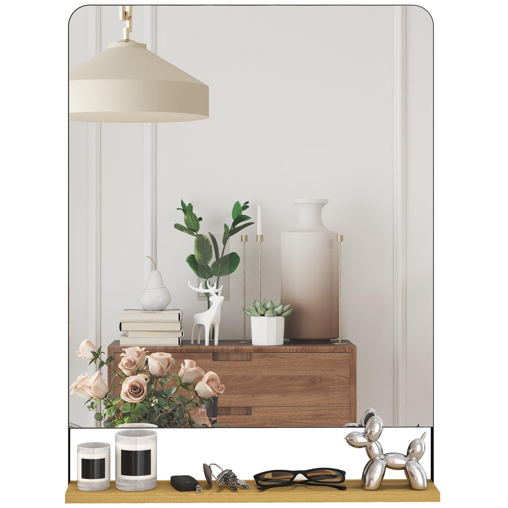 HOMCOM Miroir mural 80 x 60 cm avec étagère bois cadre en métal noir