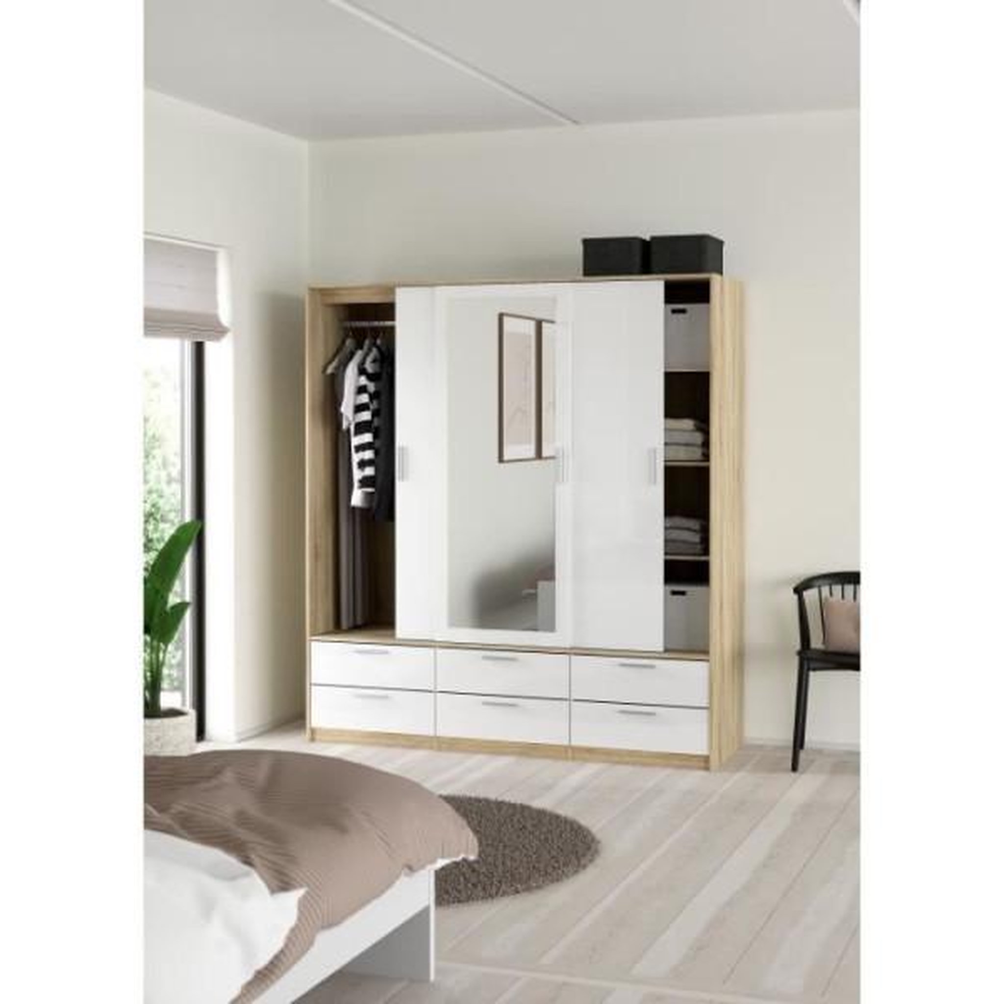 Voir la diapositive 6 : MARKET24 Armoire - Décor Blanc et chene + miroir - 3 portes coulissantes - 6 tiroirs - L181,4 x P60,25 x H200 cm - ONTARIO