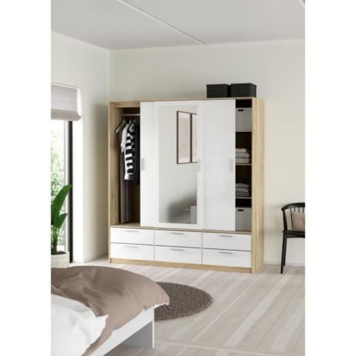 MARKET24 Armoire - Décor Blanc et chene + miroir - 3 portes coulissantes - 6 tiroirs - L181,4 x P60,25 x H200 cm - ONTARIO