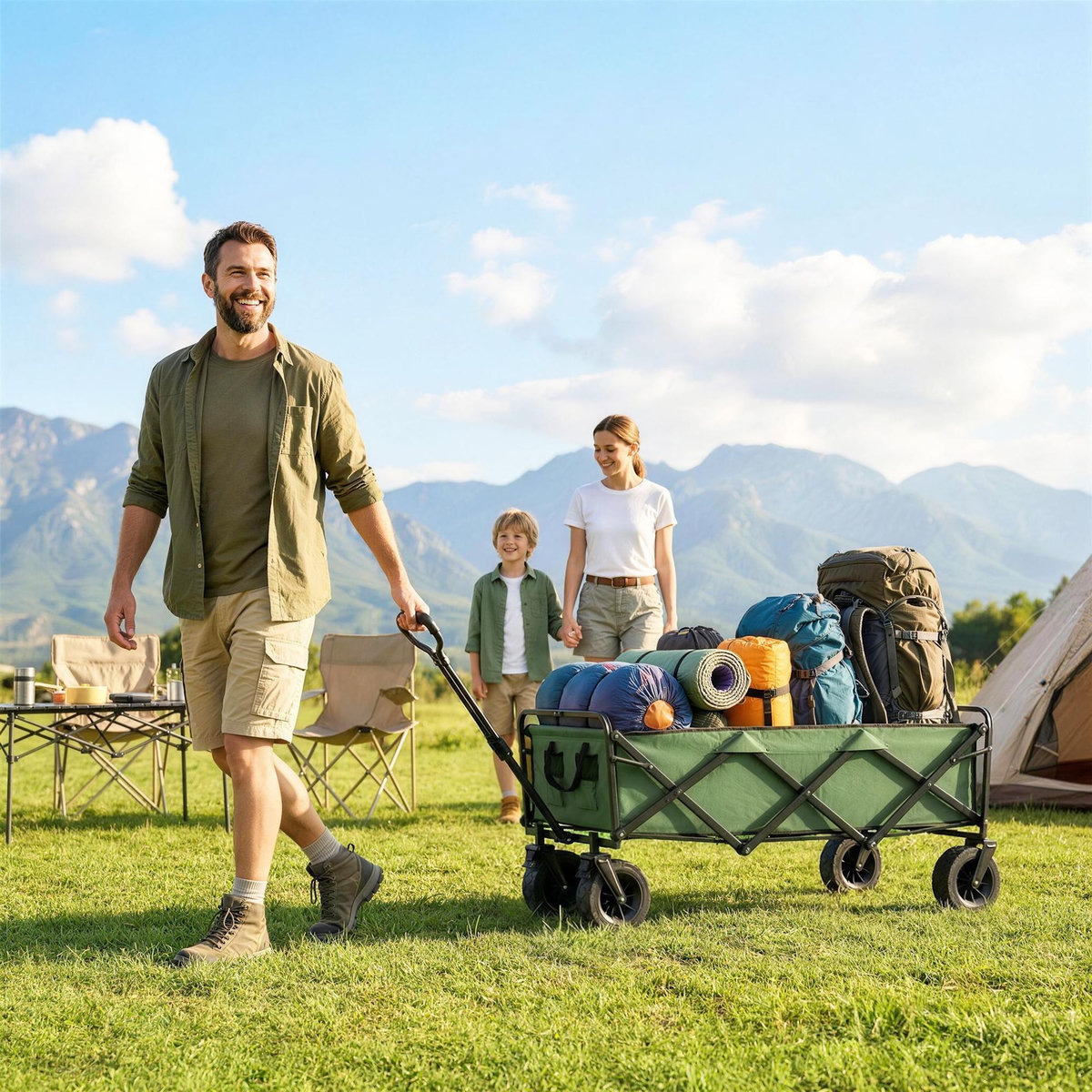 OUTSUNNY Chariot de jardin plage pliable 130L max. 250 Kg poignée telescopique
