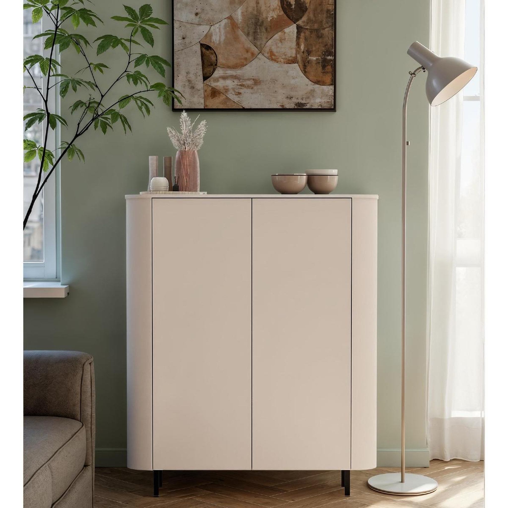 Voir la diapositive 3 : JLC KREATION Argentier-bar arrondi 2 portes beige cachemire olga