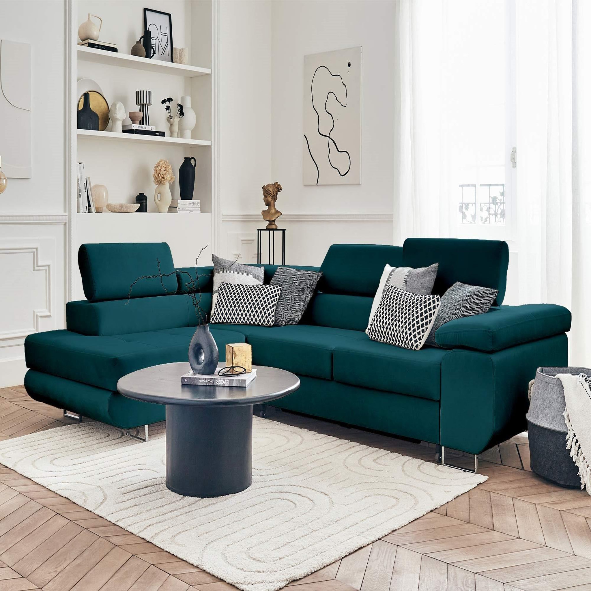 Voir la diapositive 5 : BEST MOBILIER Pablo - canapé d'angle gauche - 5 places - convertible avec coffre et têtières réglables - en velours