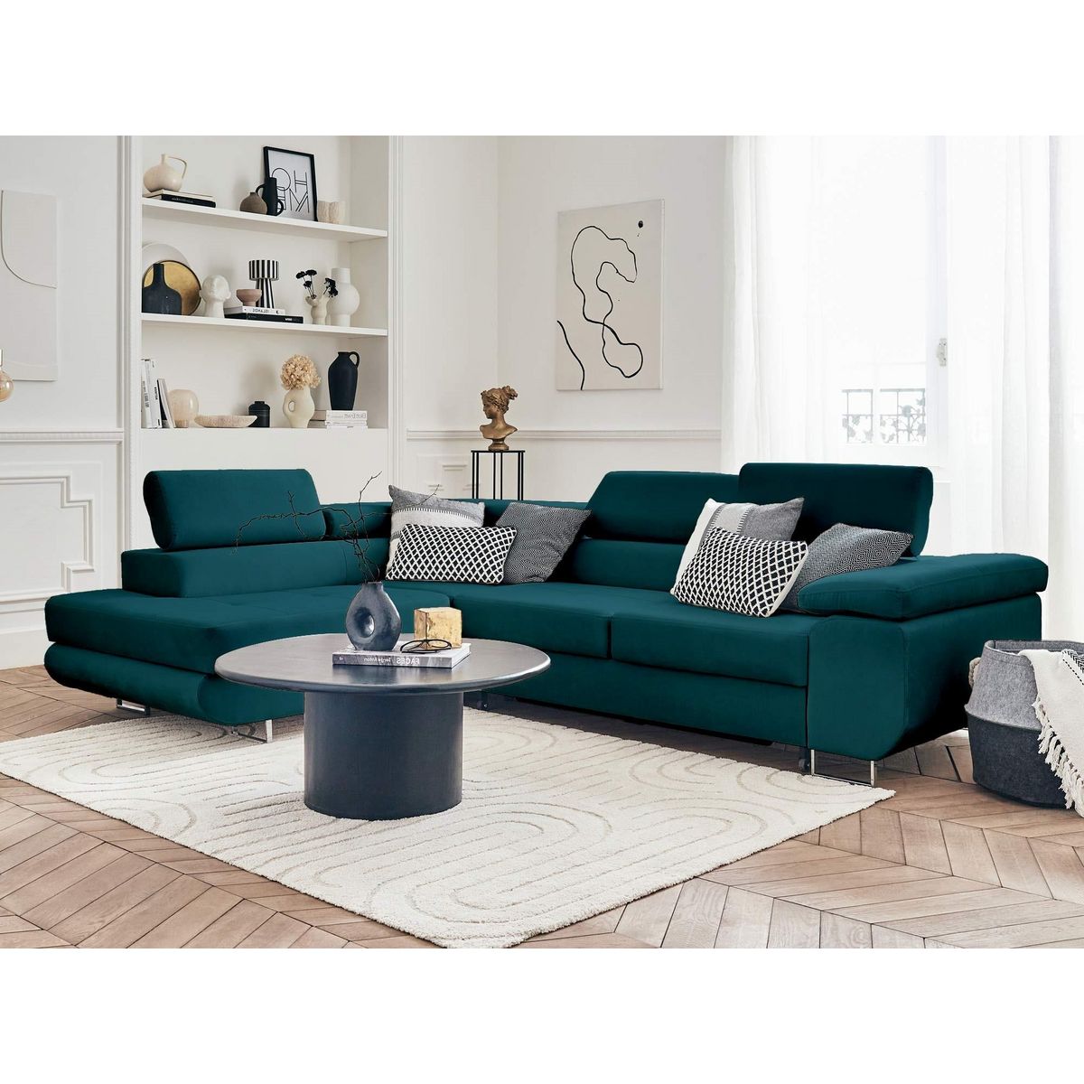 BEST MOBILIER Pablo - canapé d'angle gauche - 5 places - convertible avec coffre et têtières réglables - en velours