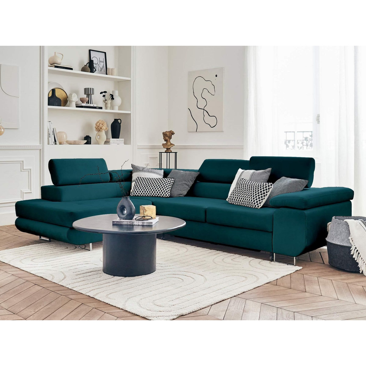 BEST MOBILIER Pablo - canapé d'angle gauche - 5 places - convertible avec coffre et têtières réglables - en velours