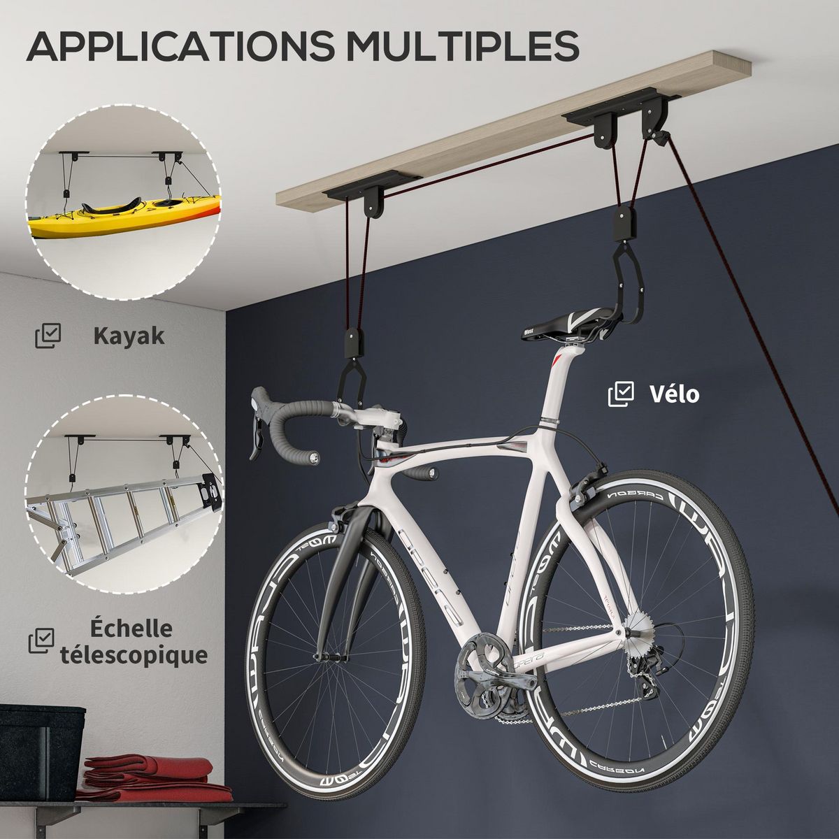 HOMCOM Élévateur de vélo support vélo plafond fixation murale ascenseur vélo avec poulie mécanisme de verrouillage capacité de chargement 20 kg acier noir