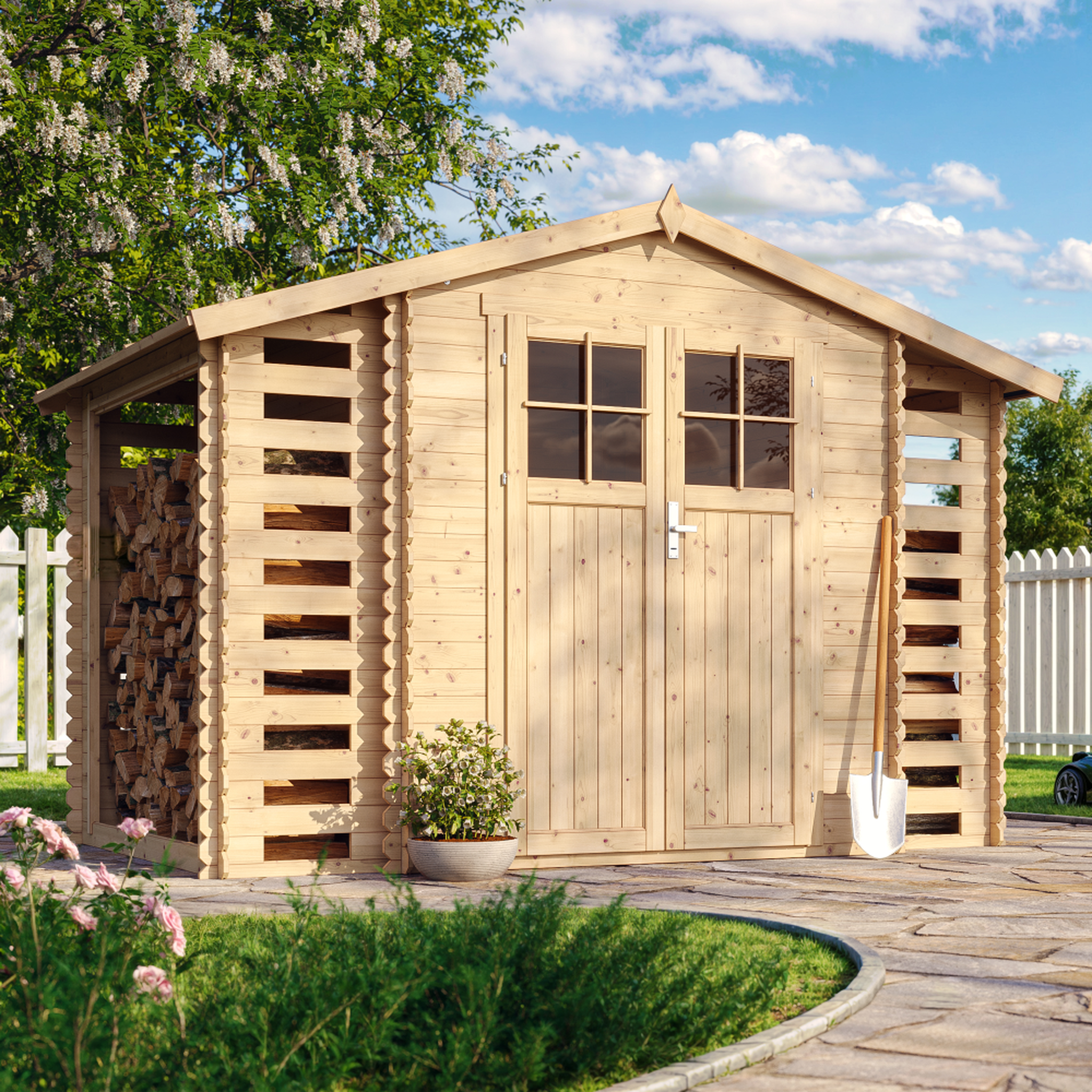 Voir la diapositive 4 : TIMBELA Abri de jardin en bois et range bûches extérieur - 3,53 + 0,97+0,97 m2 m391f