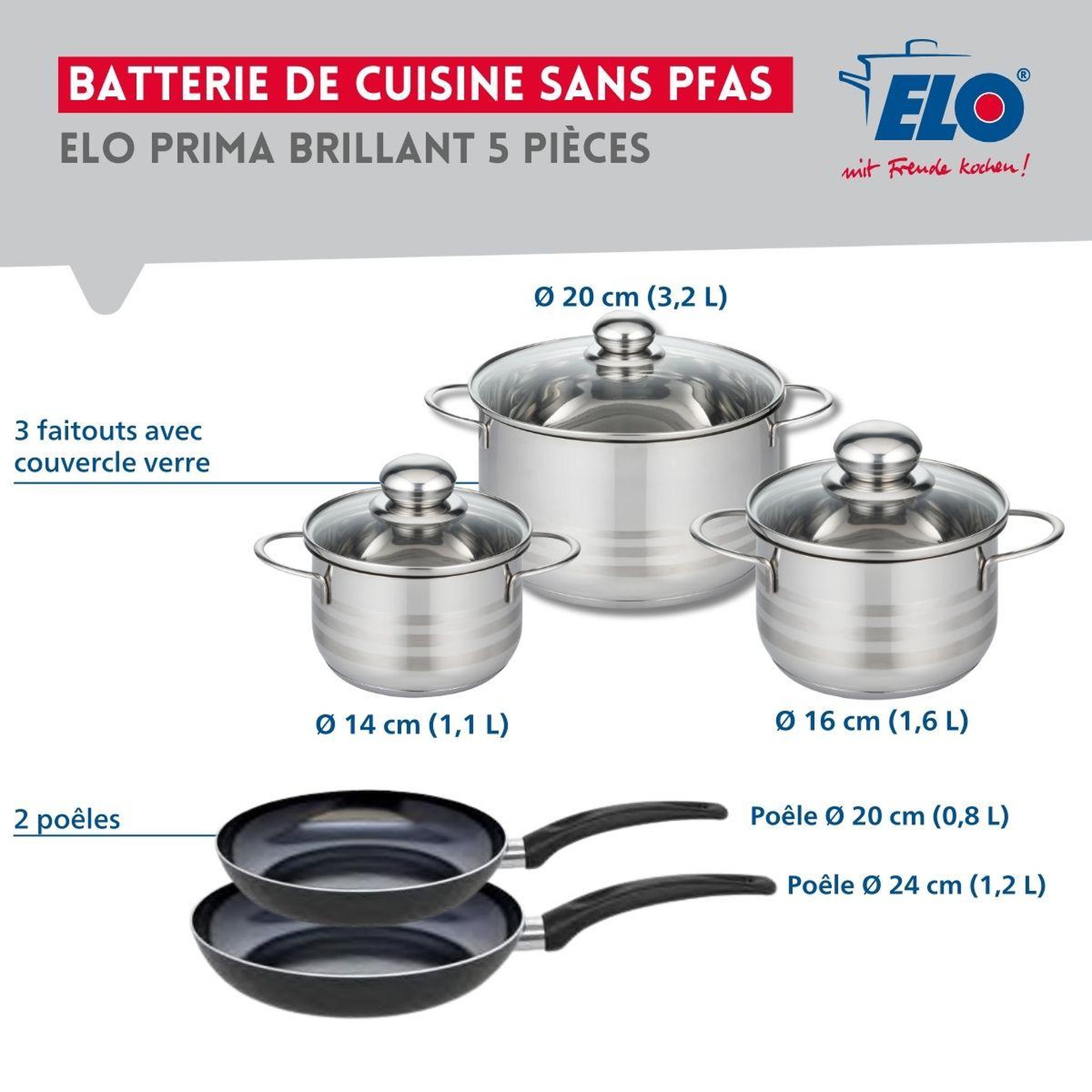 Voir la diapositive 2 : ELO Ensemble de 2 poêles de cuisson 20 et 24 cm et 3 faitouts 14, 16 et 20 cm elo prima brillant