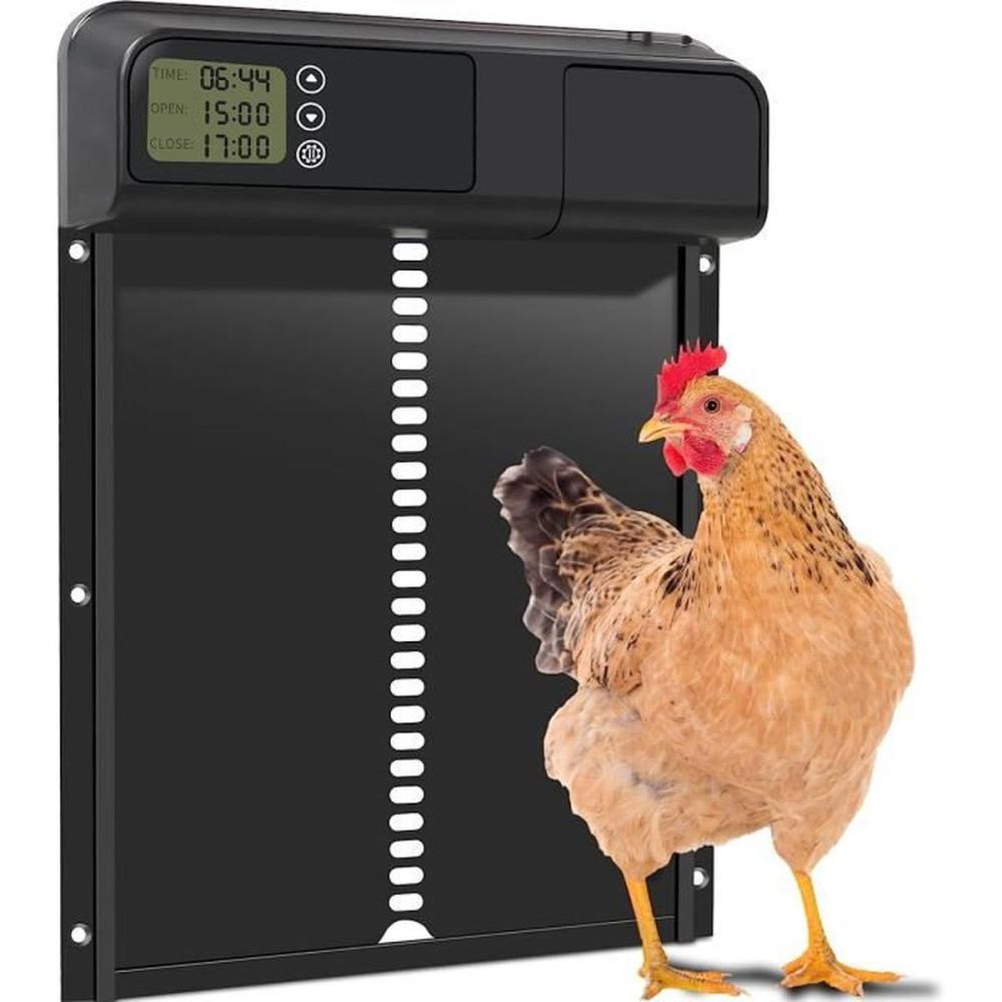 Porte de poulailler automatique LED programmable noir avec minuterie, mode manuel et sécurité anti-pincement IPX4