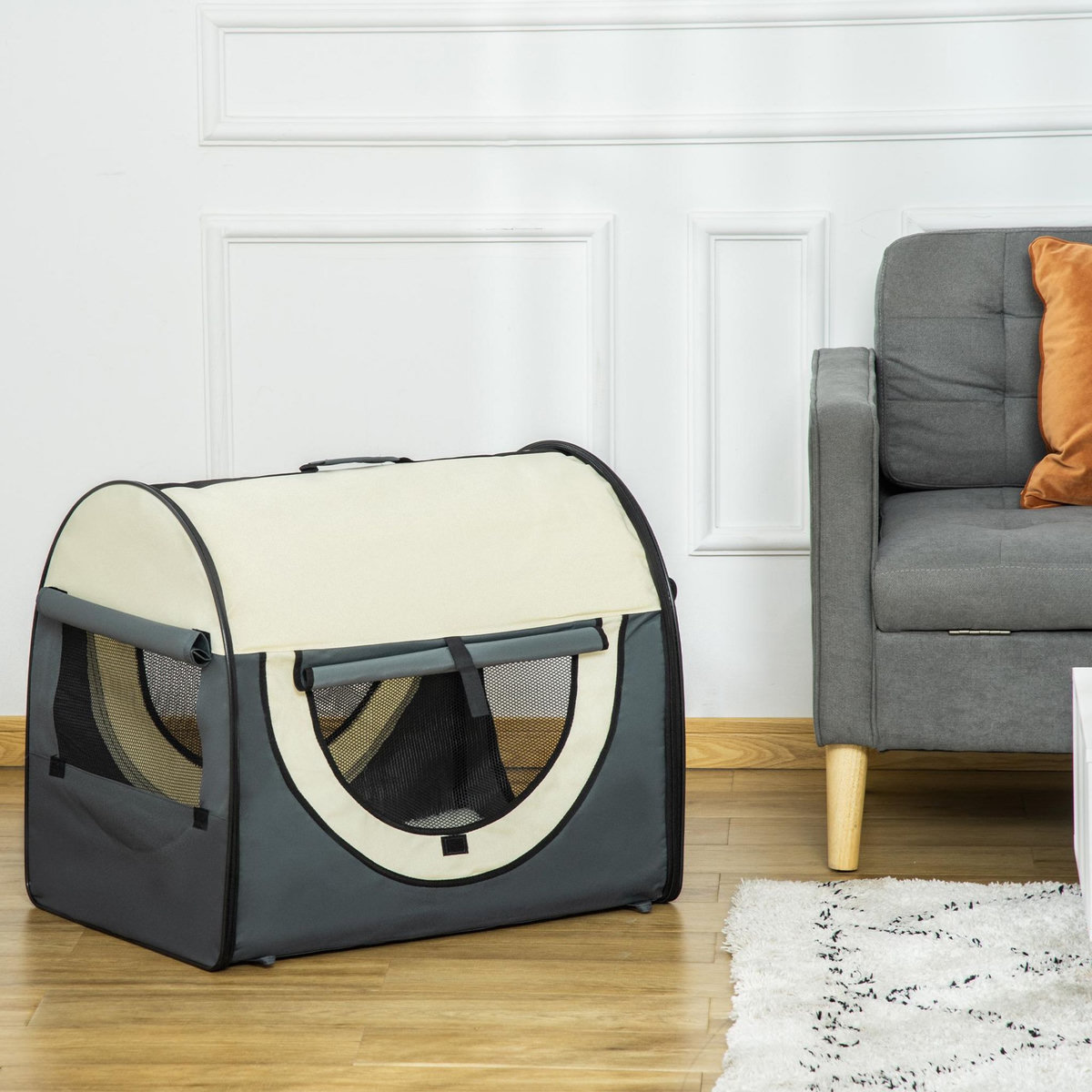 PAWHUT Sac de transport pliable chien chat - poignée, porte, 3 fenêtres, coussin - gris beige