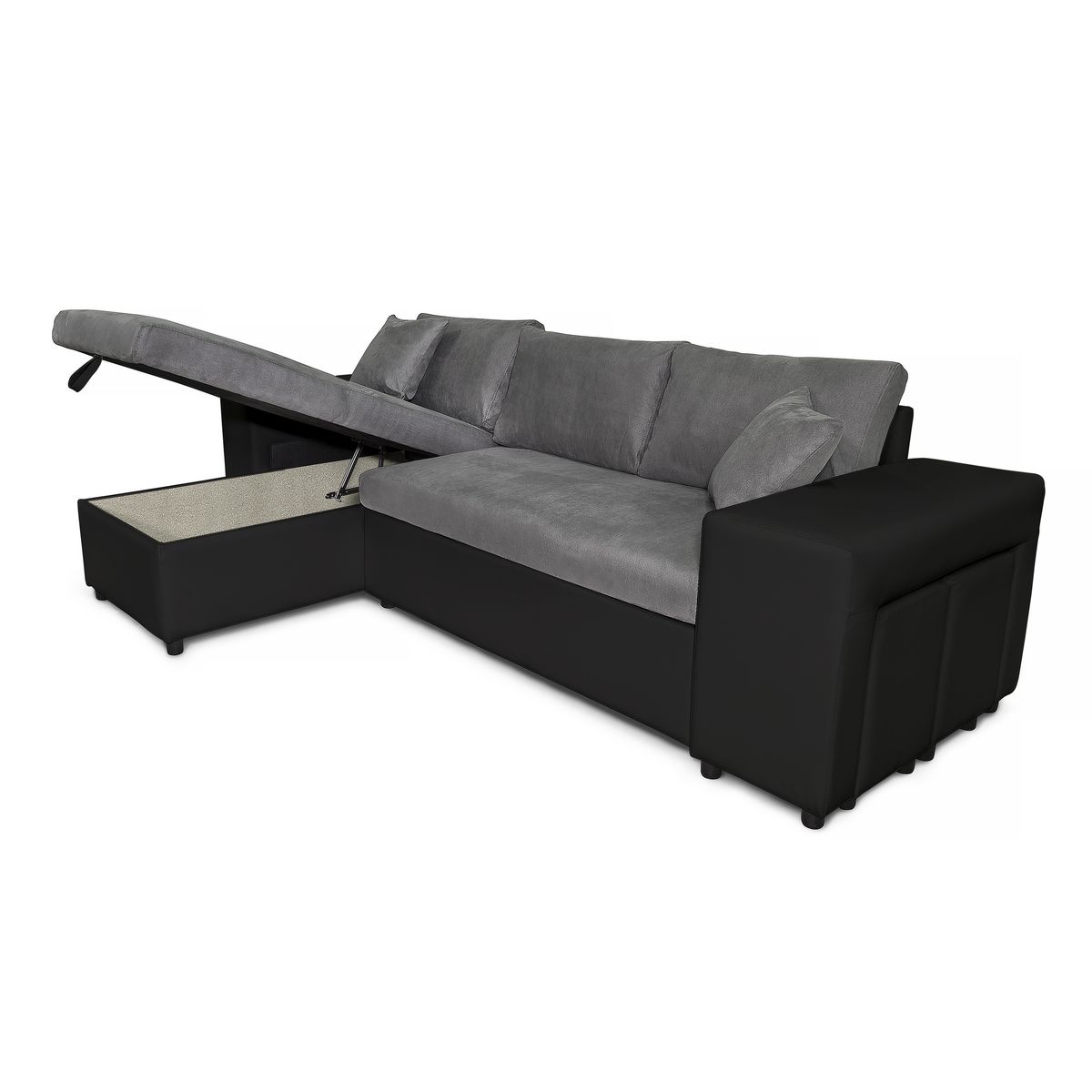Canapé d'angle convertible avec coffre 3 places + 2 poufs à droite et étagère à gauche MACHA