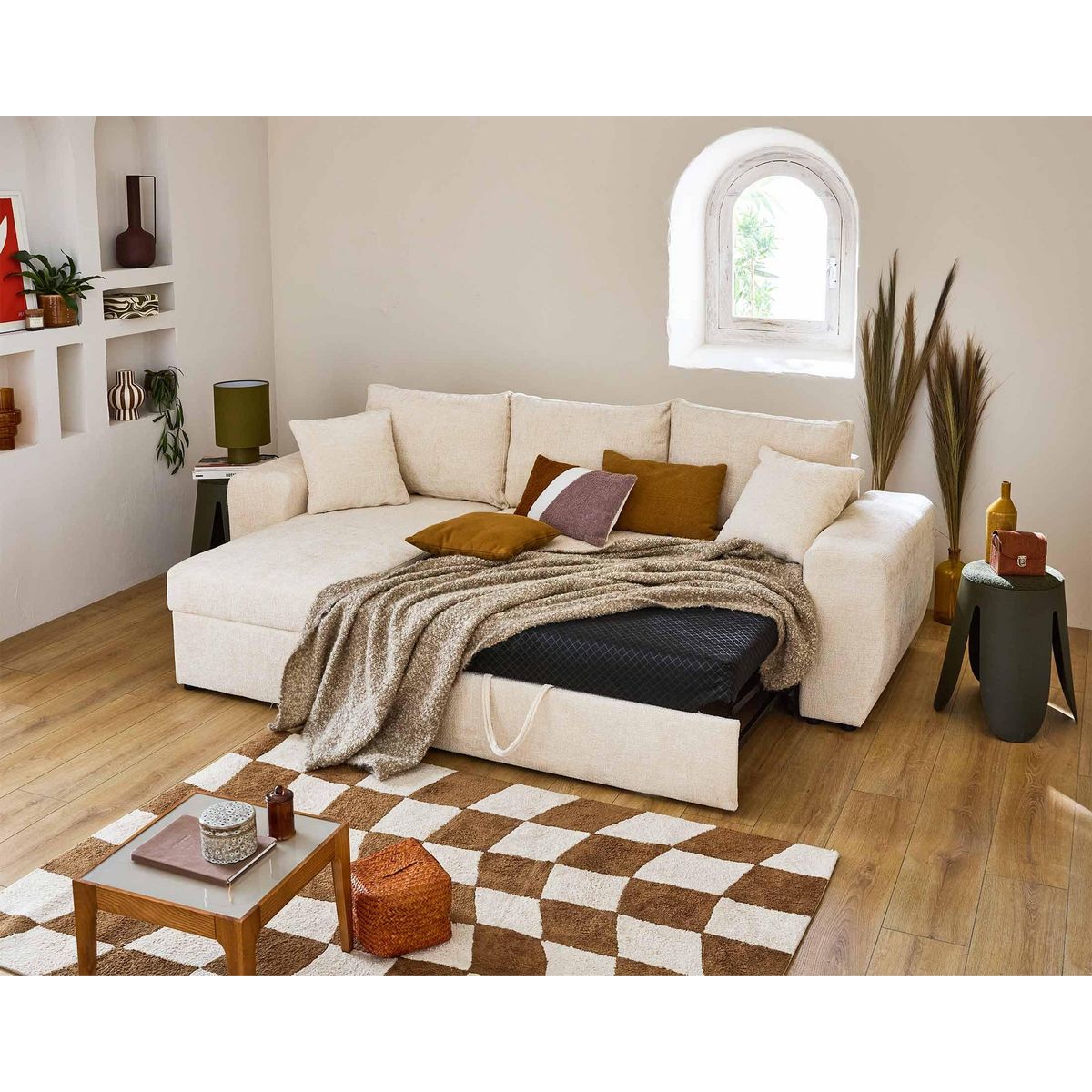 BEST MOBILIER Milan - canapé d'angle réversible 4 places - convertible avec coffre - en velours texturé