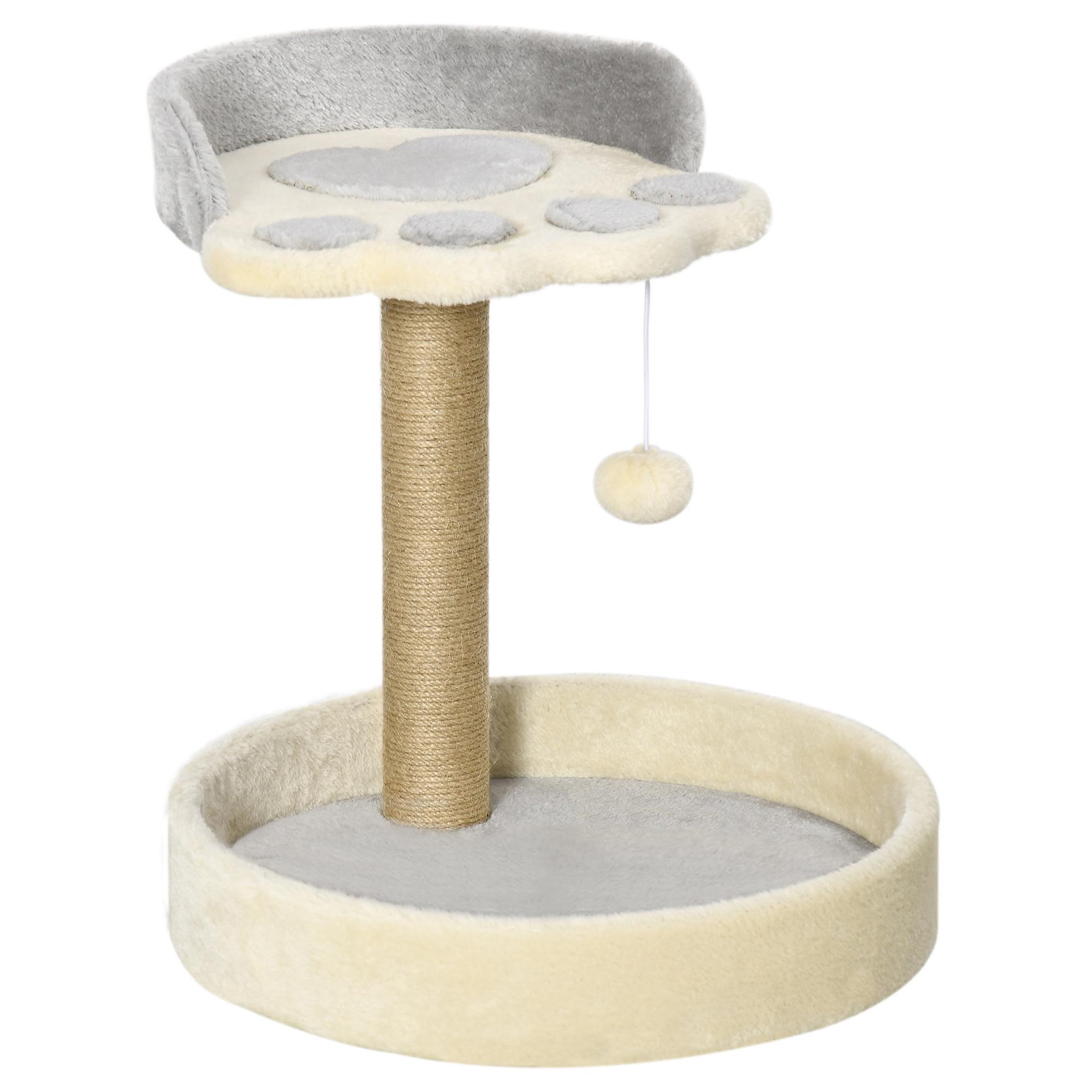 PAWHUT Arbre à chat griffoir design patte de chat jeu boule suspendue panier plateforme observation peluche beige gris jute naturelle
