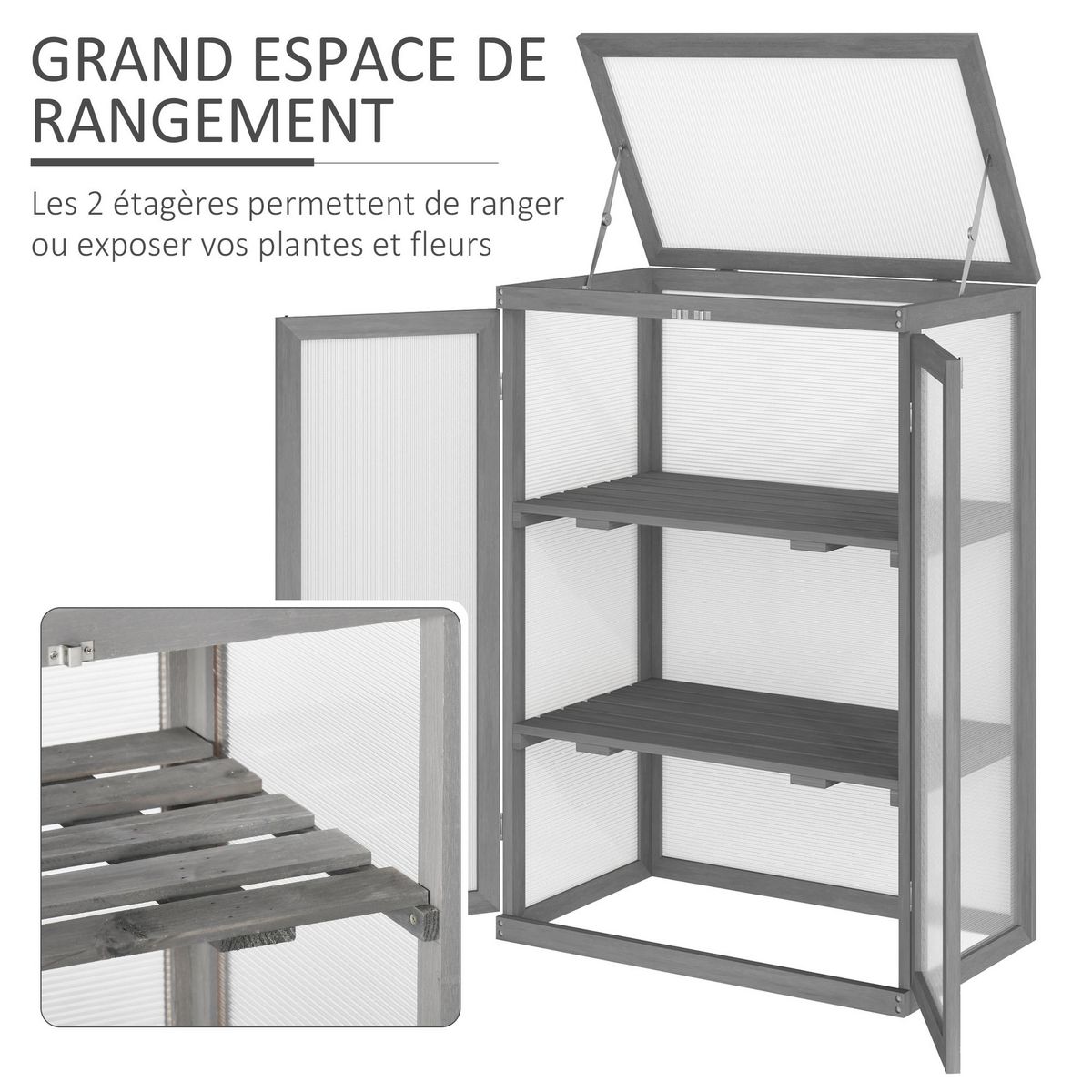 OUTSUNNY Mini serre de jardin 3 niveaux dim. 76L x 47l x 110H cm double porte toit ouvrant bois sapin lasuré gris polycarbonate
